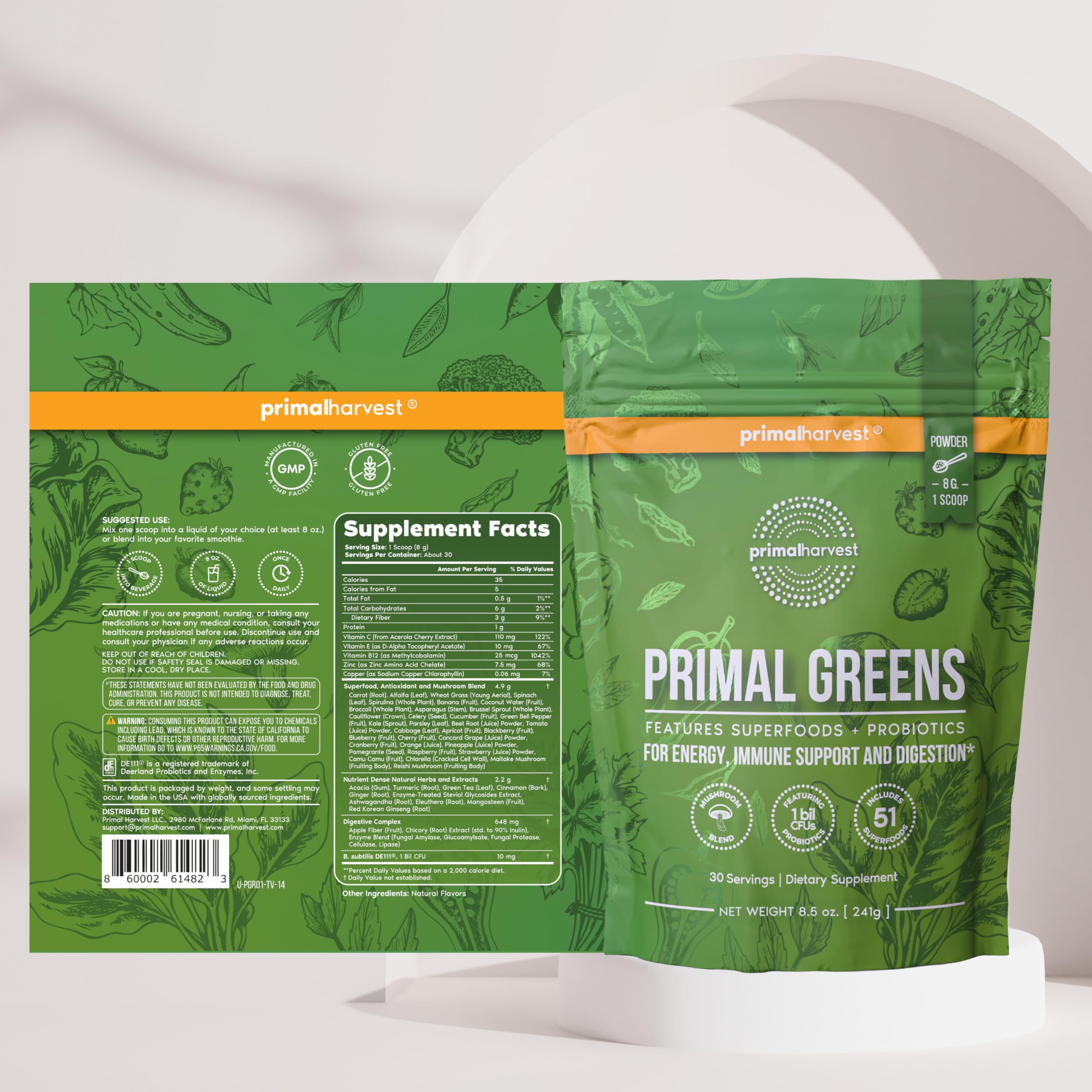Primal Harvest mezcla de hierbas y hongos mostrando variedad de ingredientes