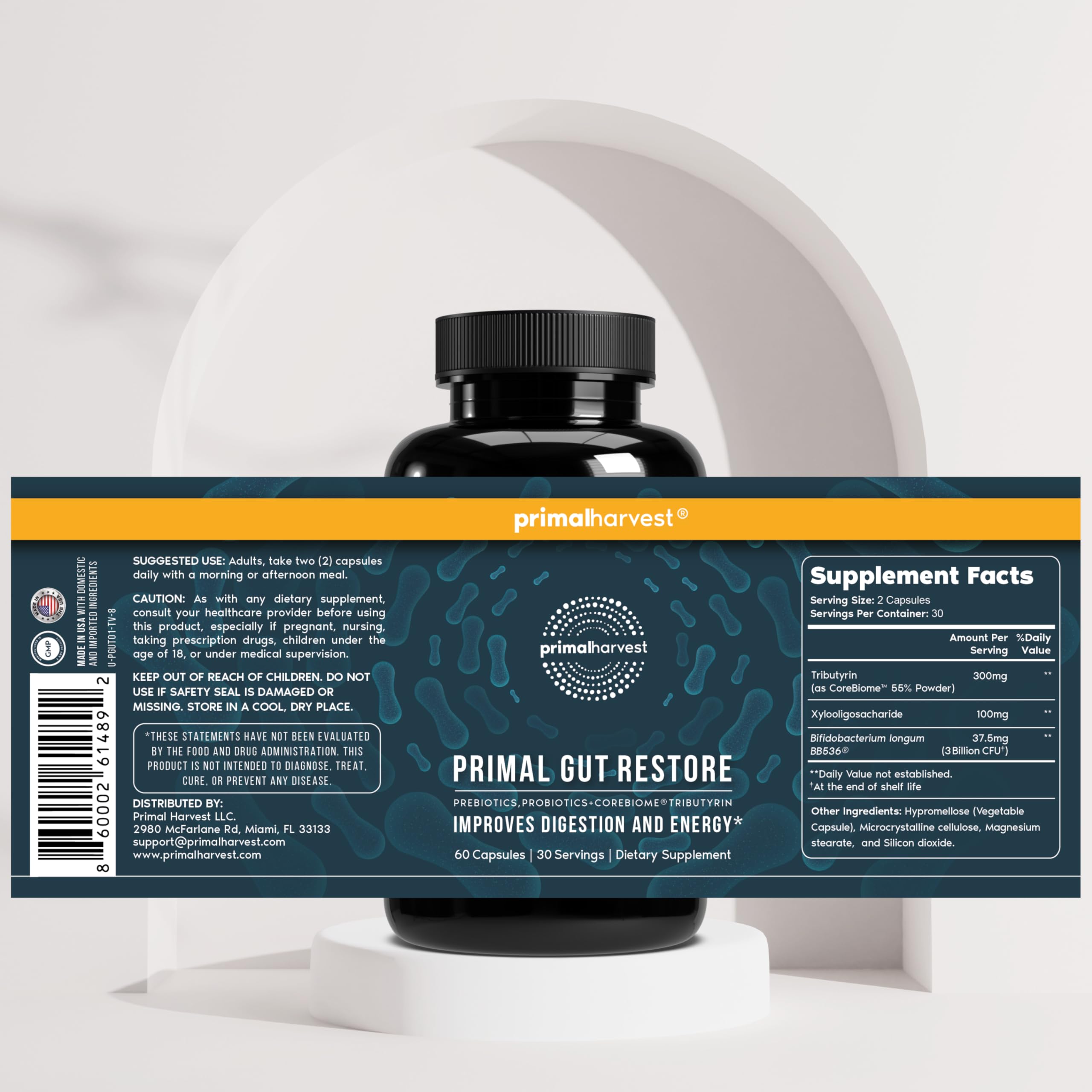 Primal Harvest ingredientes clave XOS, B. longum y Tributyrin visualizados