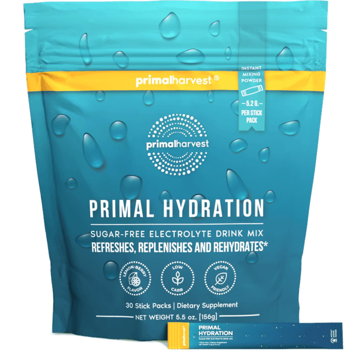 Primal Harvest frente del empaque mostrando bolsa y sobres, facilita uso diario