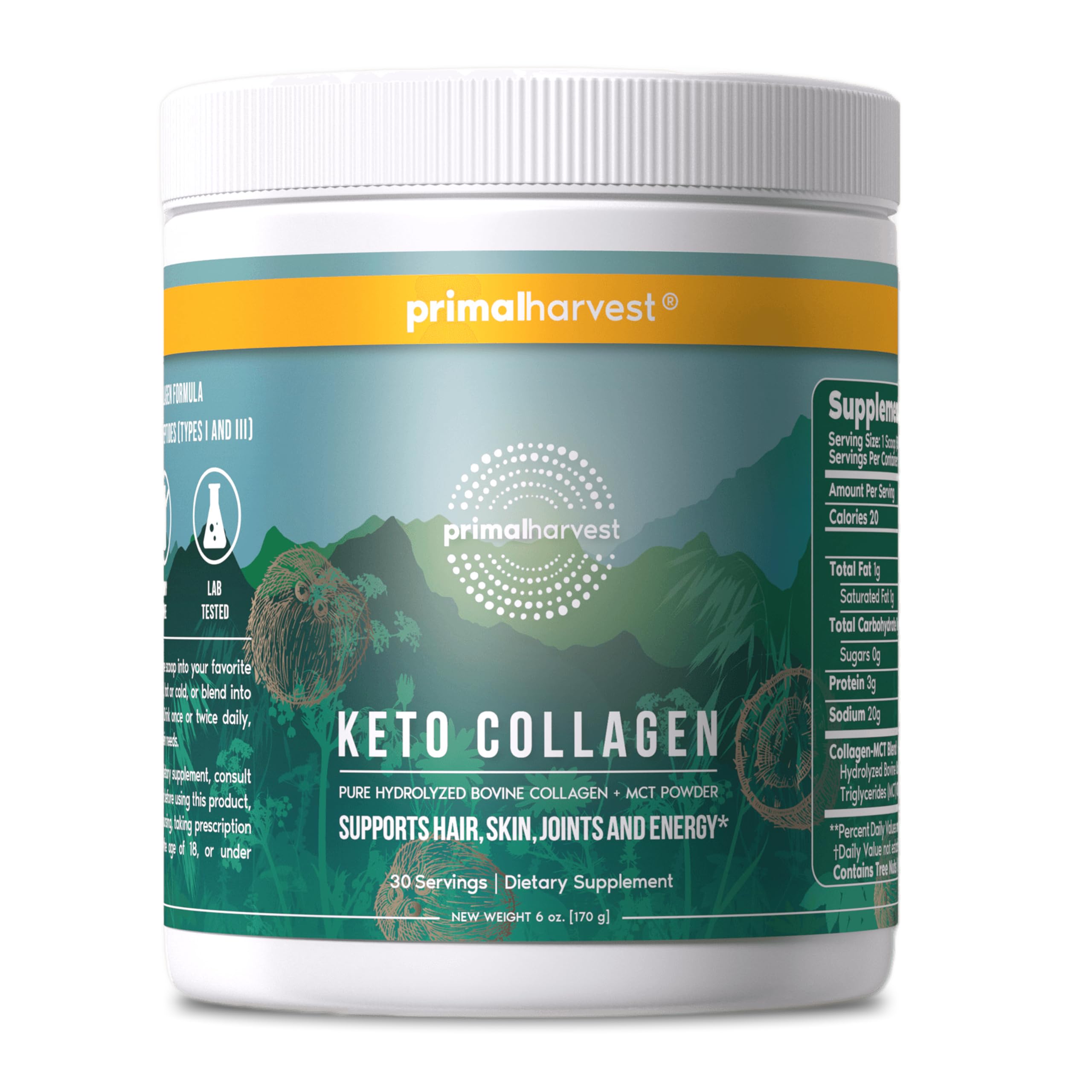 Primal Harvest envase frontal mostrando suplemento keto y claridad de uso