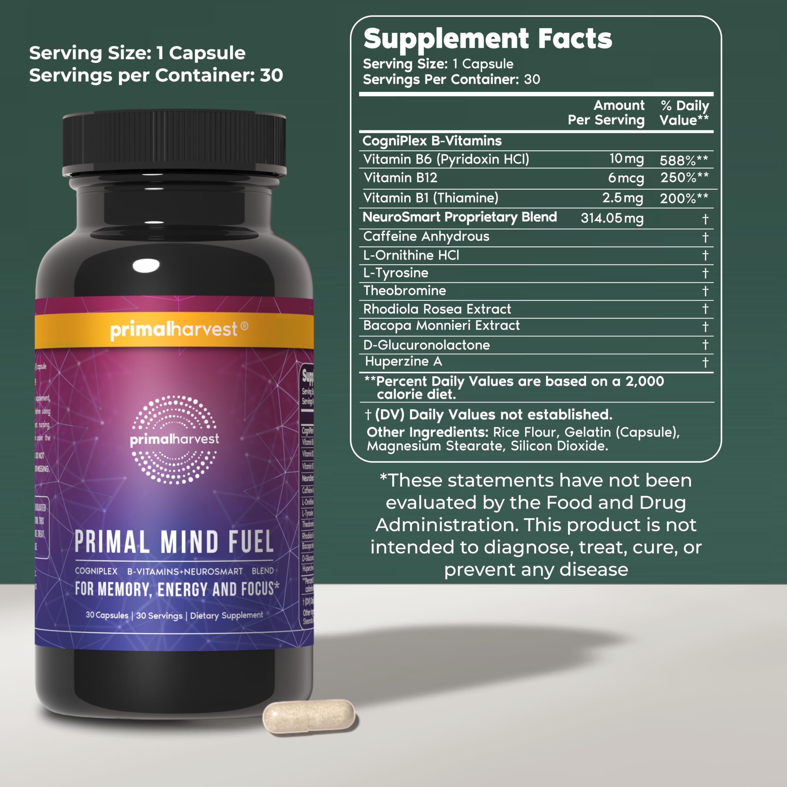 Primal Harvest Mind Fuel cápsula en primer plano que destaca su textura y pureza