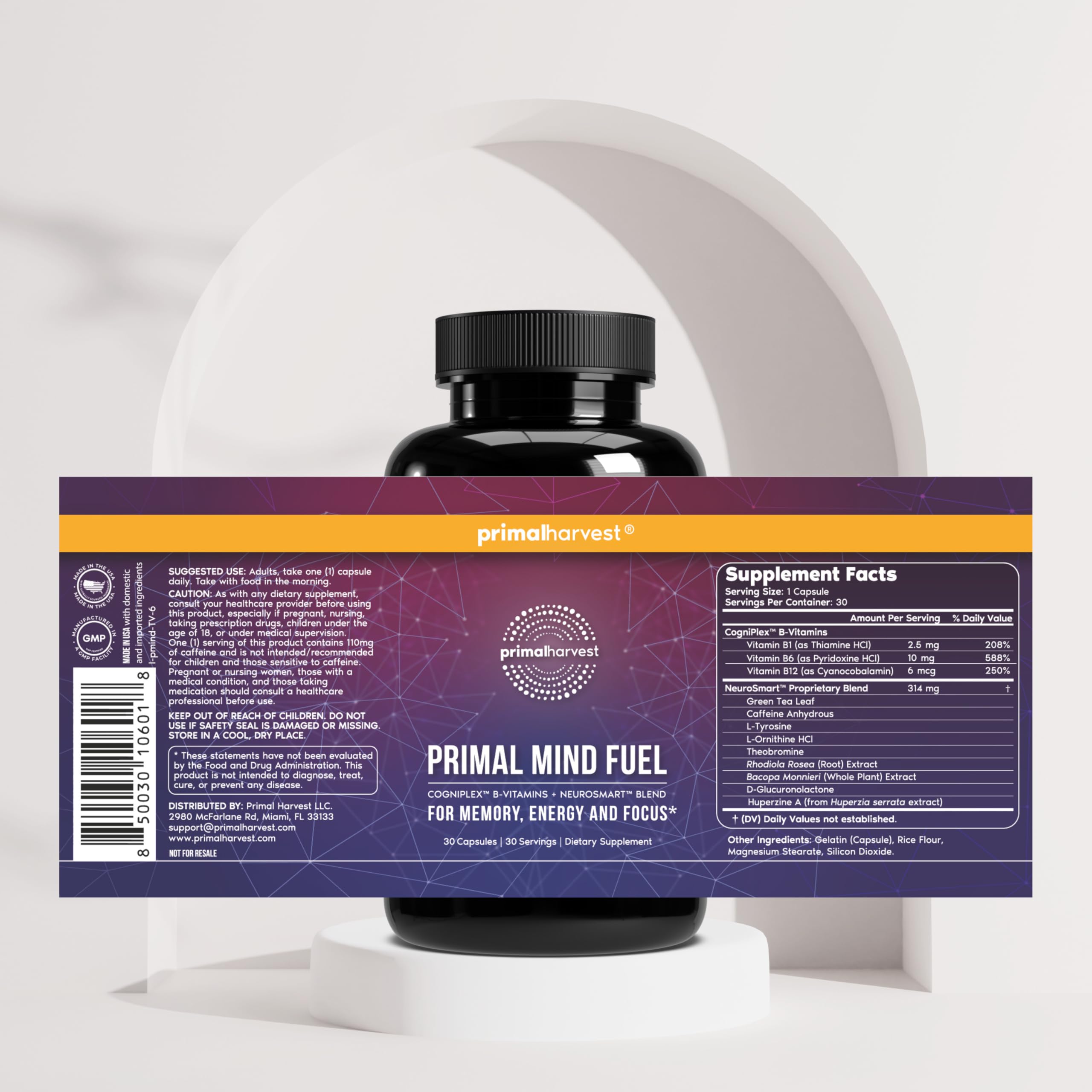 Primal Harvest Mind Fuel etiqueta con ingredientes clave para claridad mental