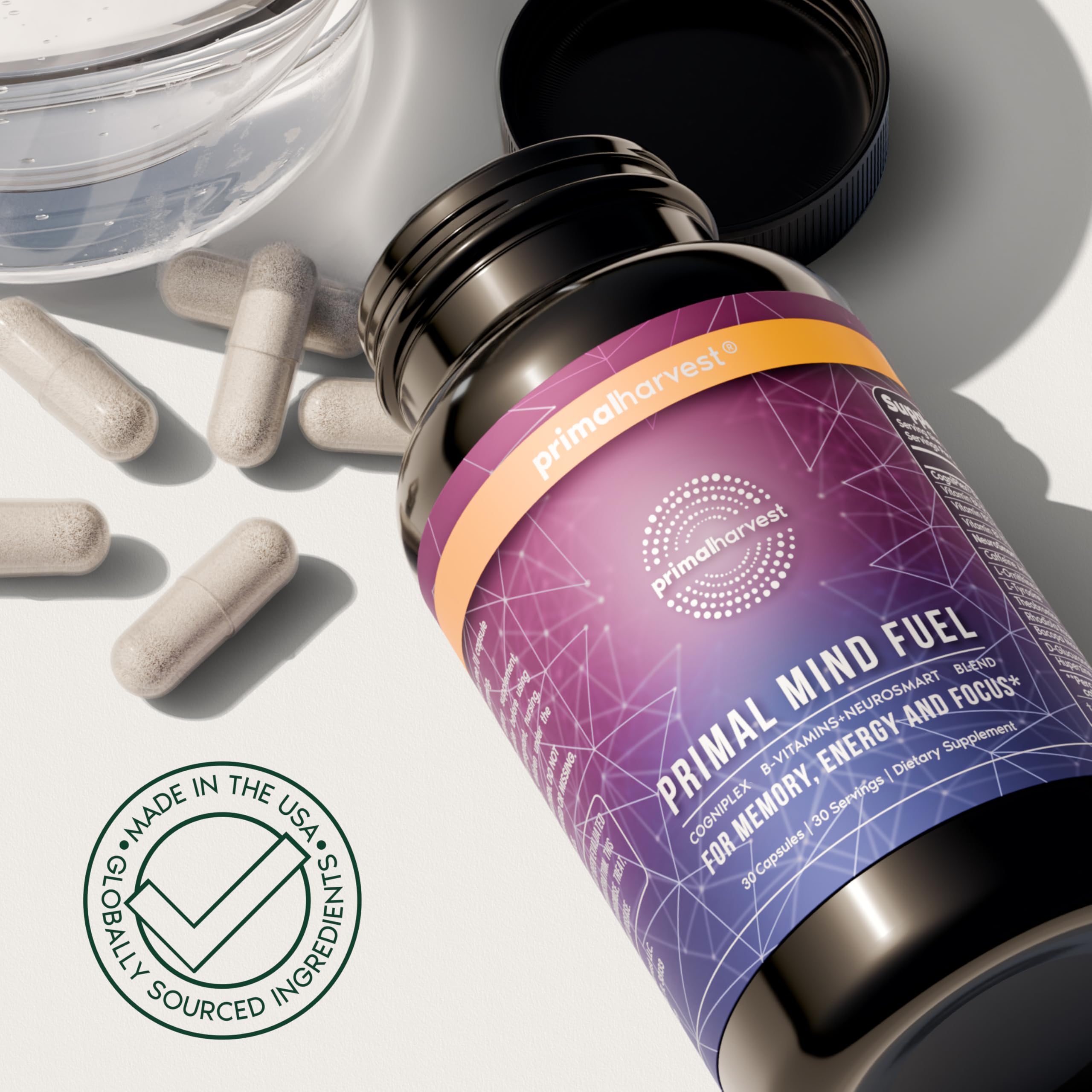 Primal Harvest Mind Fuel sello GMP que indica fabricación controlada
