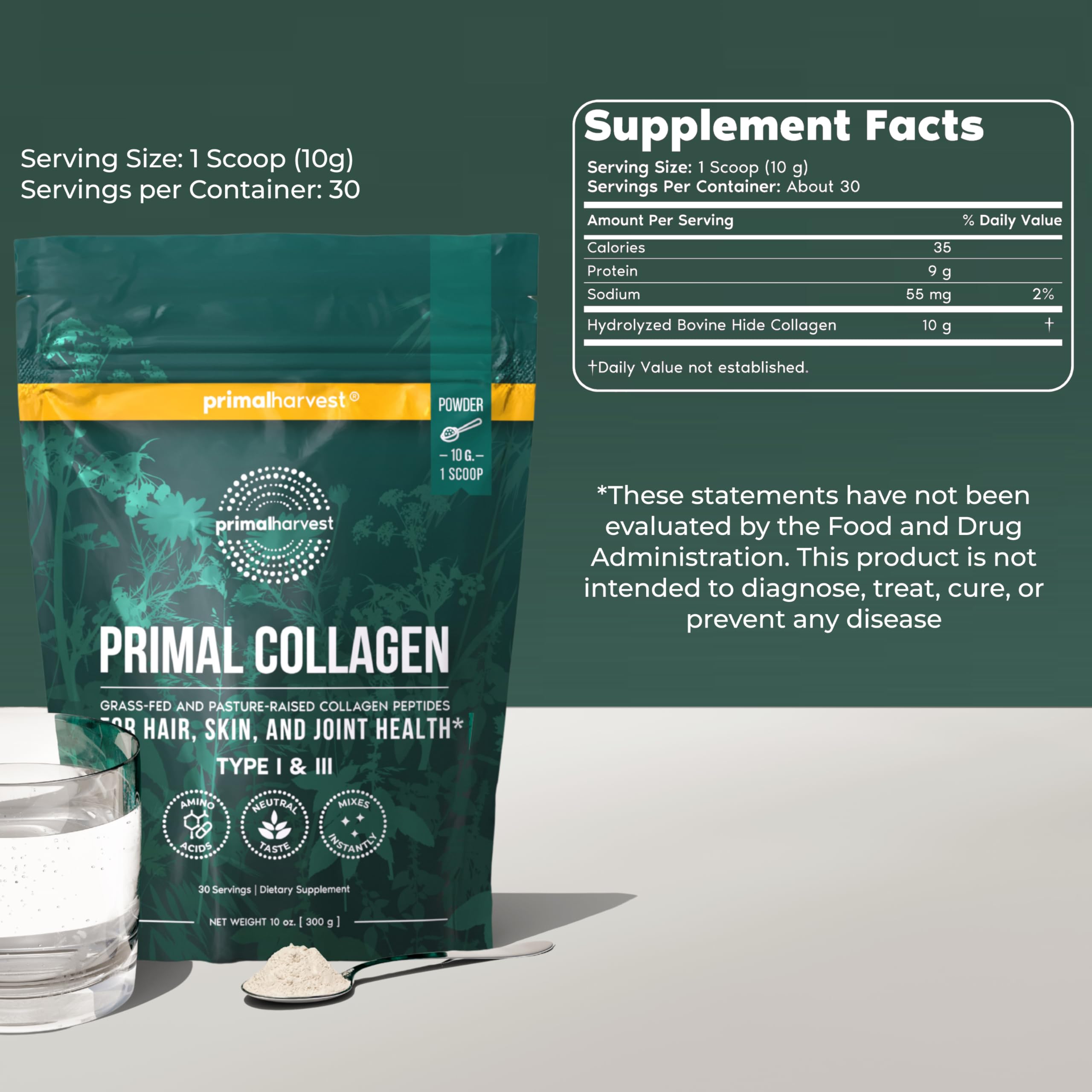 Primal Harvest polvo de colágeno en primer plano, mezcla suave