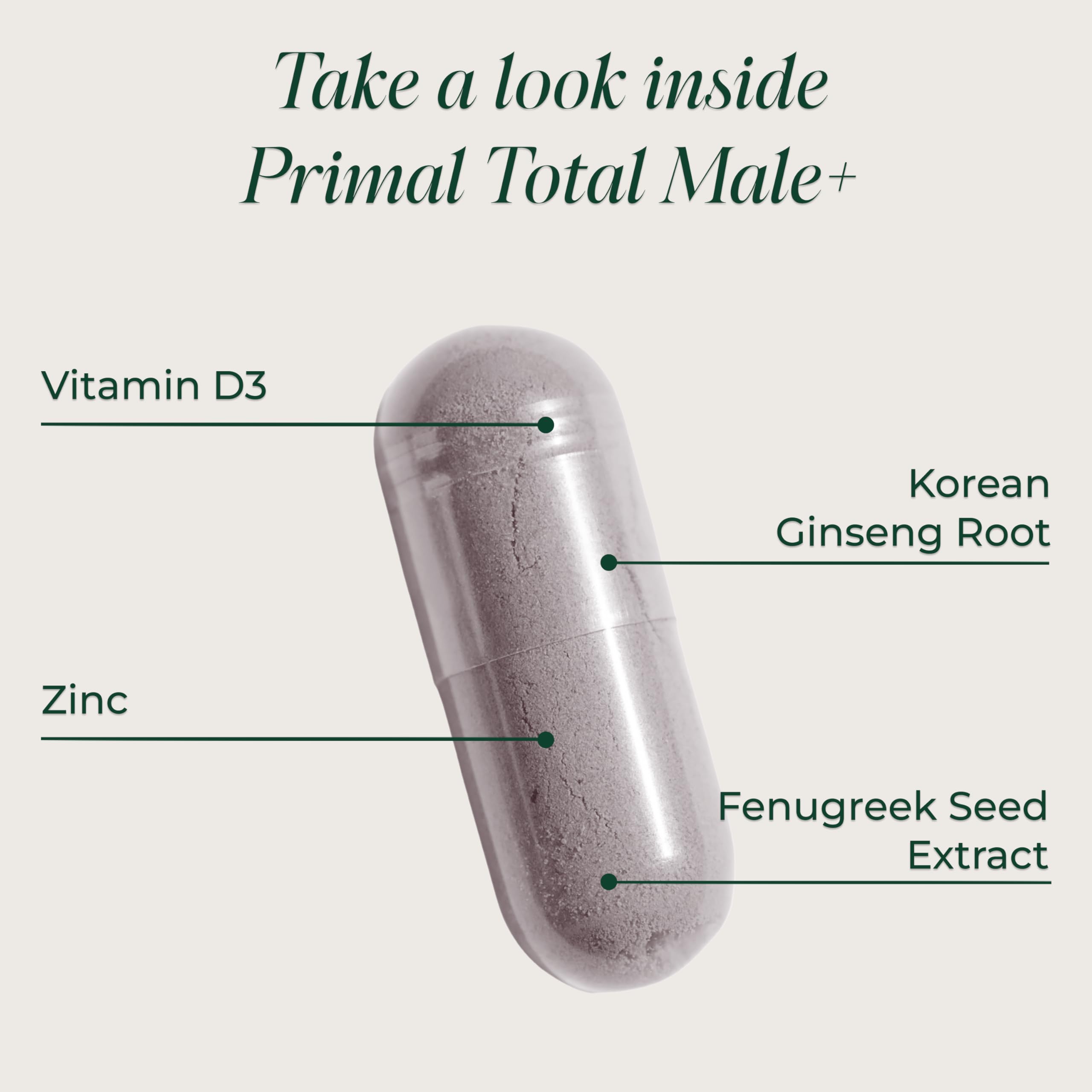 Primal Harvest etiqueta nutricional legible que muestra vitaminas D3, B3 y zinc