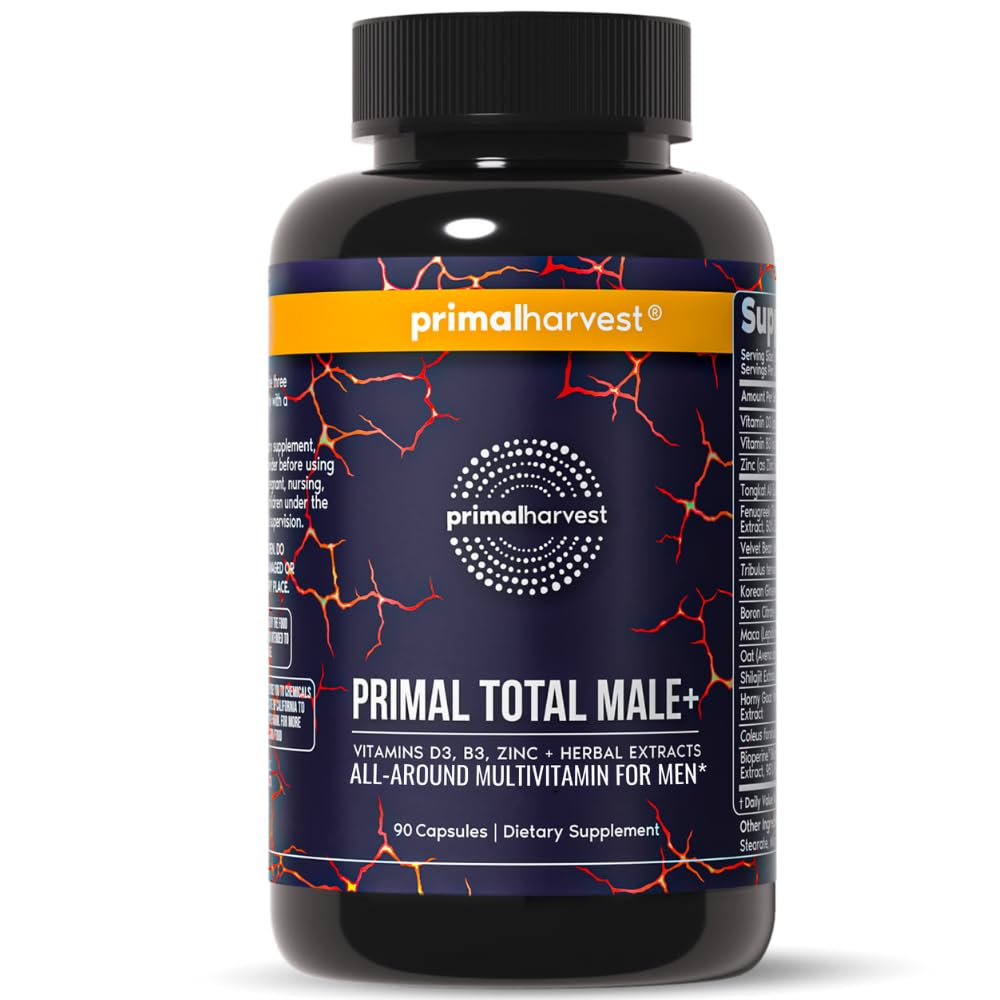 Primal Harvest frasco delantero mostrando el producto y diseño, fácil identificación y confianza