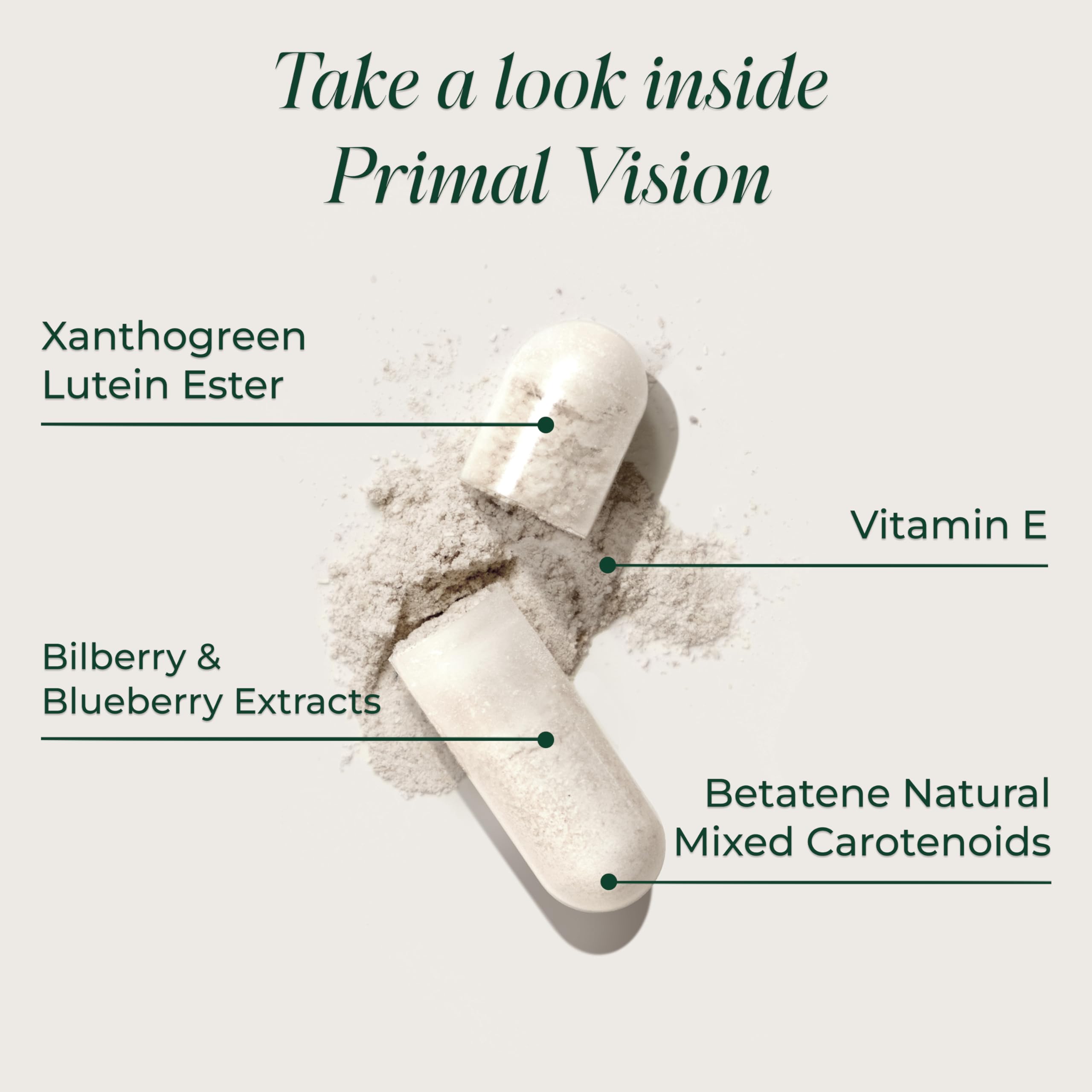 Primal Harvest Vision cápsula en mano para comparar tamaño y dosificación