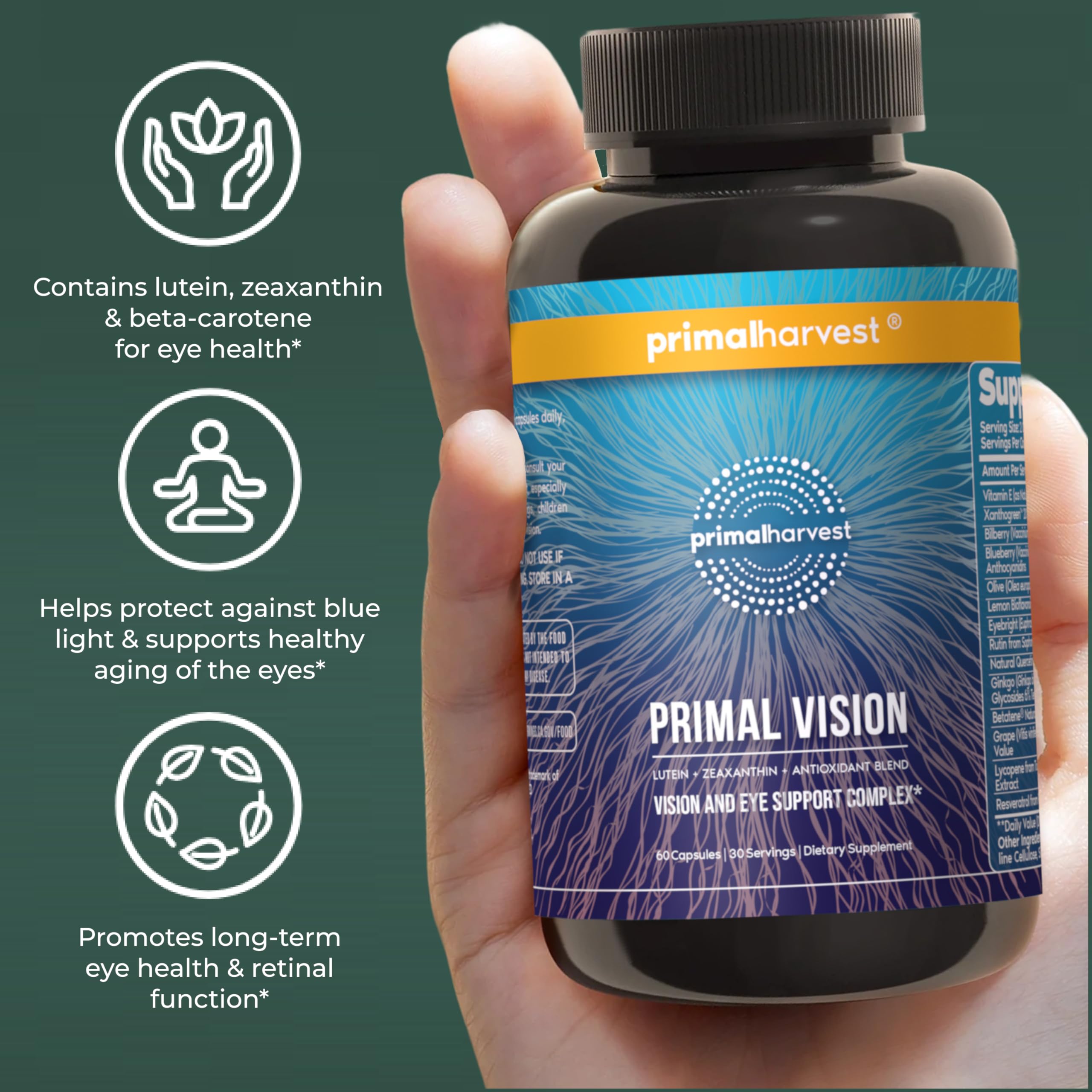 Primal Harvest Vision frasco en escena matutina integrable en rutina