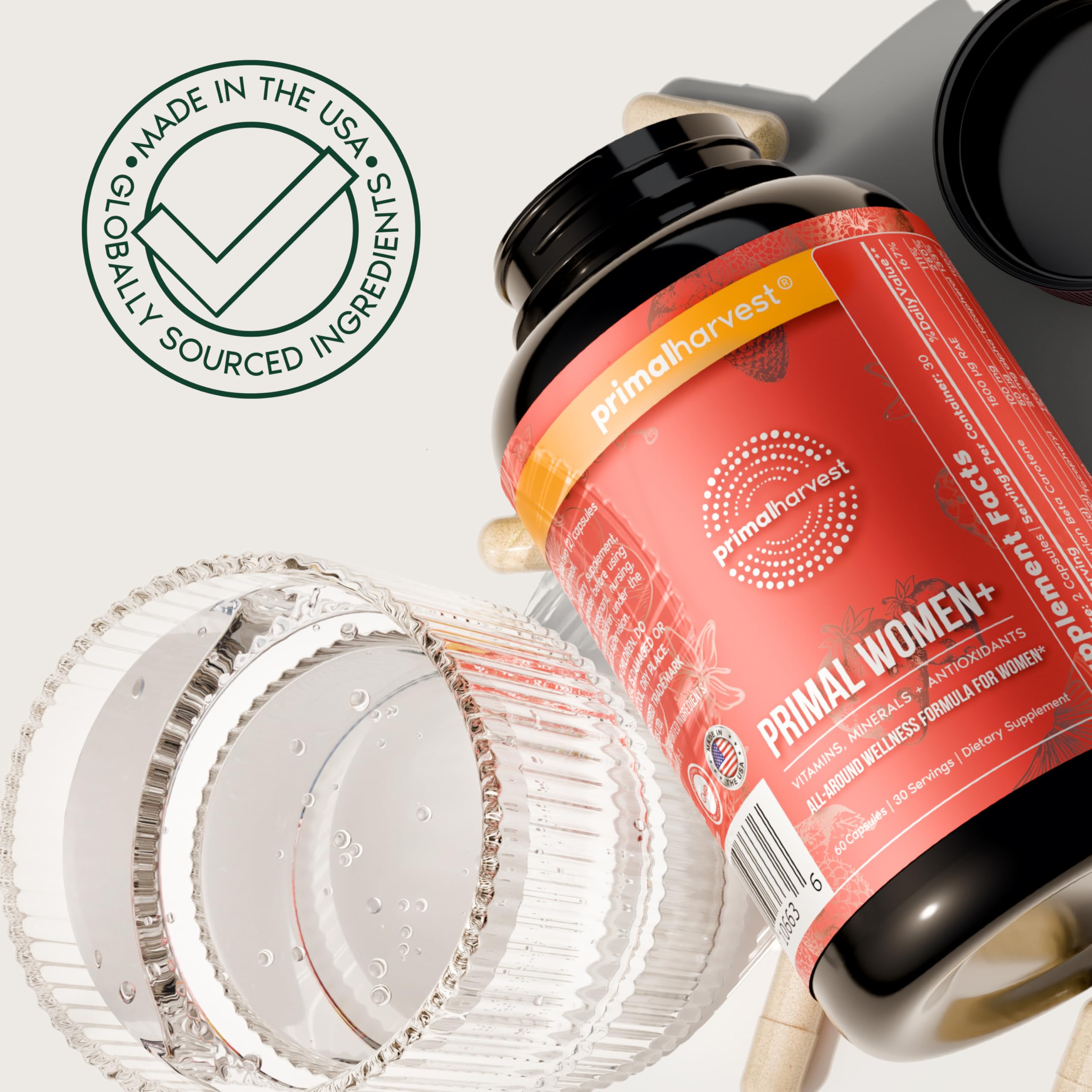 Primal Harvest Women+ certificado GMP visible que transmite calidad