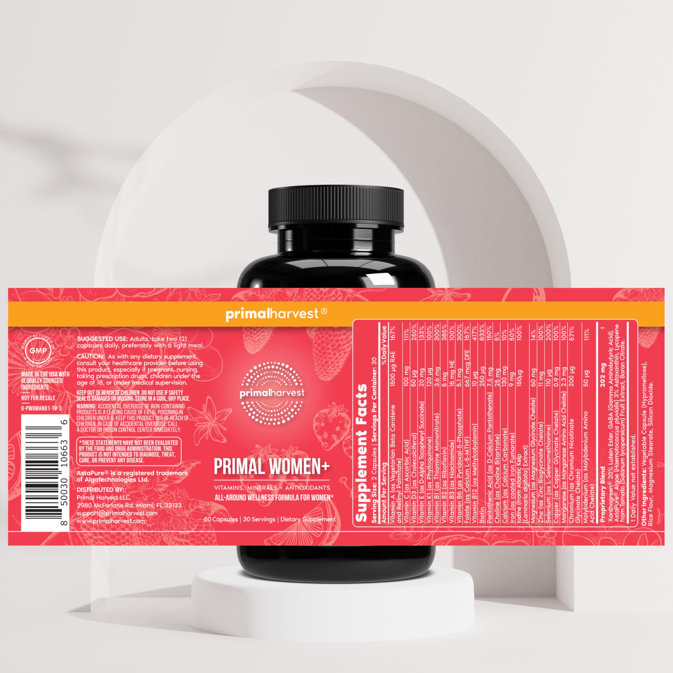 Primal Harvest Women+ etiqueta con lista de vitaminas y minerales visible
