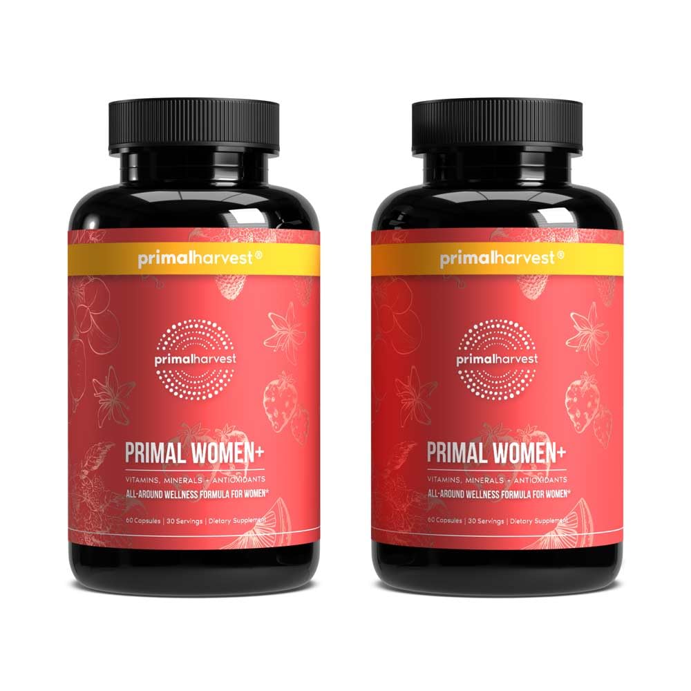 Primal Harvest Women+ frasco frontal mostrando etiqueta clara y beneficios