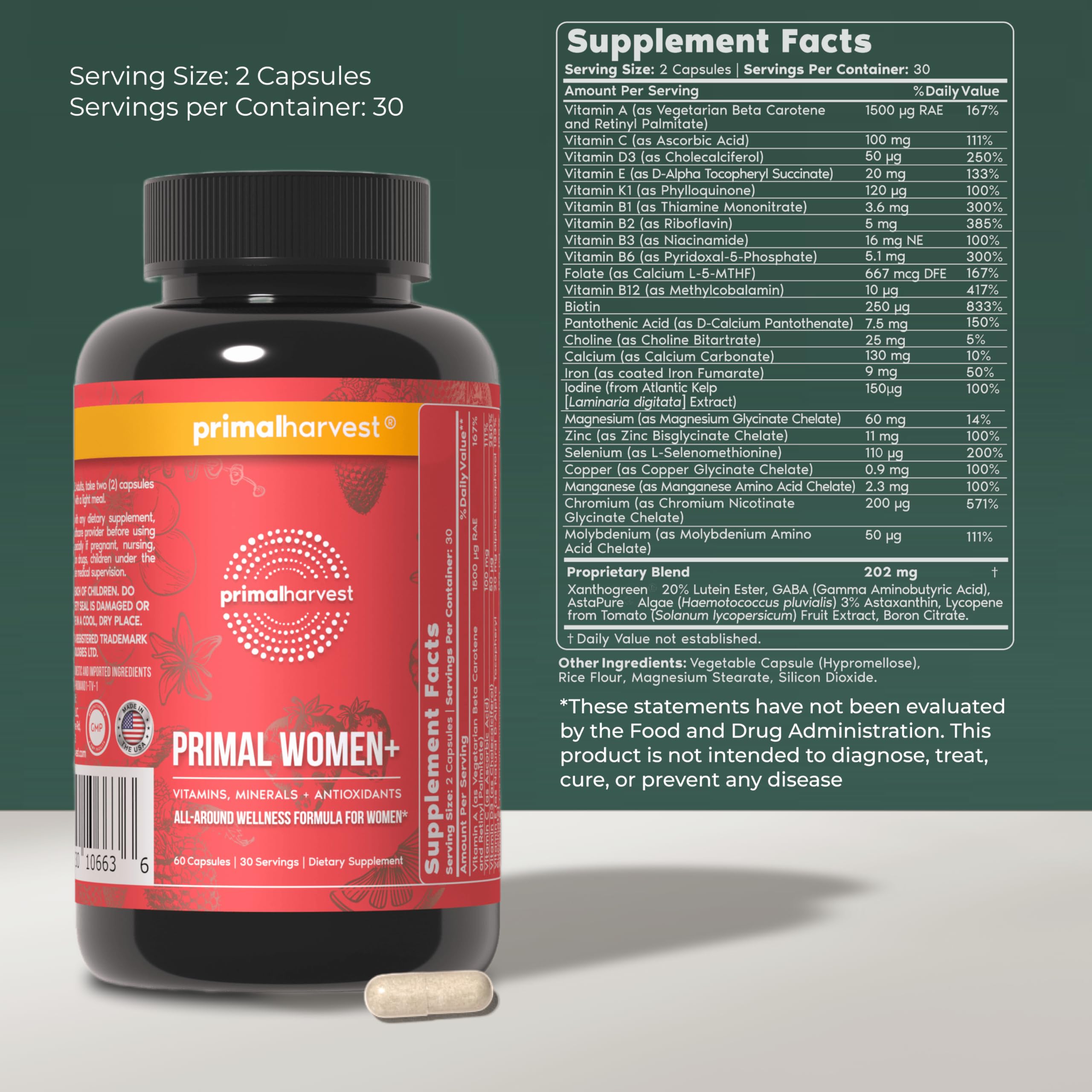 Primal Harvest etiqueta con ingredientes clave y certificados