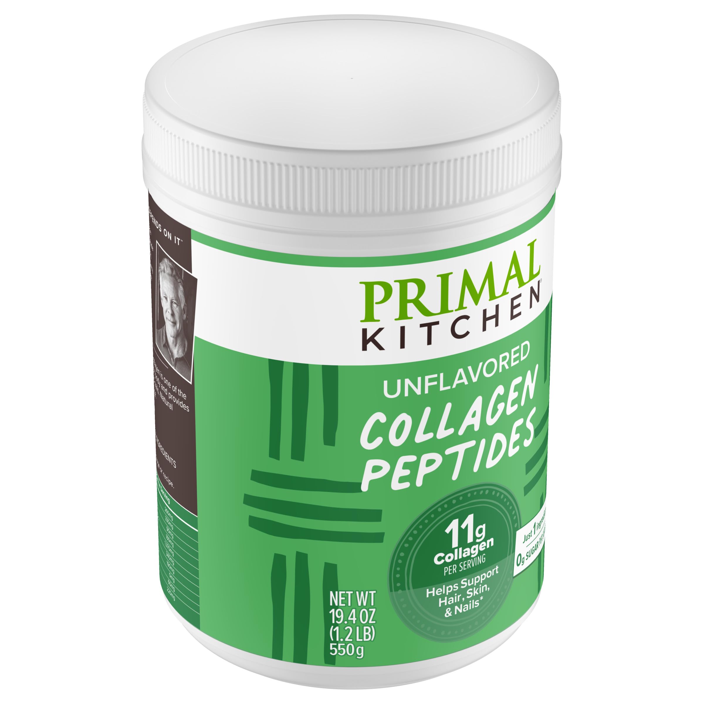 Primal Kitchen envase junto a una mano para mostrar tamaño y porciones