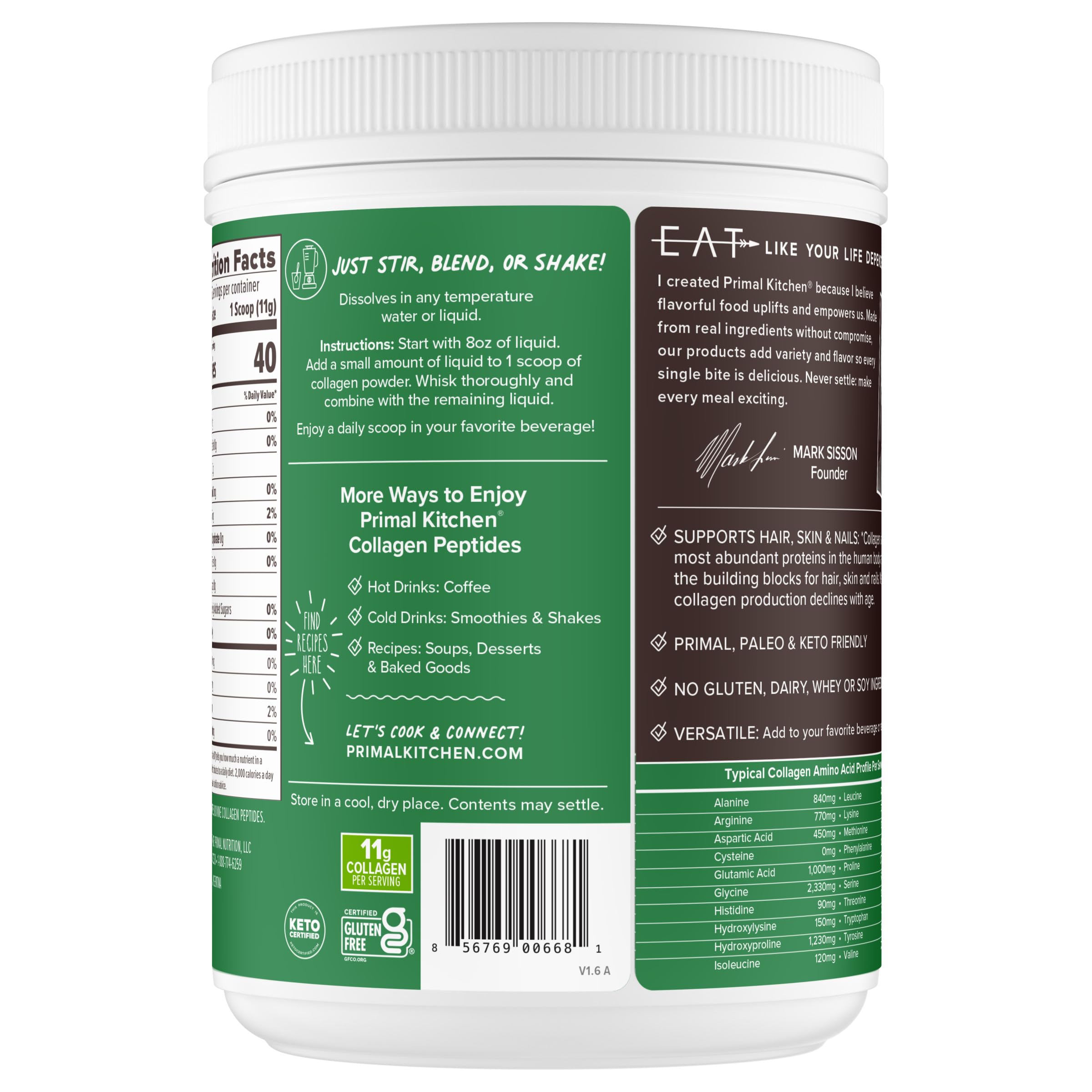 Primal Kitchen etiqueta con ingredientes: colágeno bovino puro y certificaciones