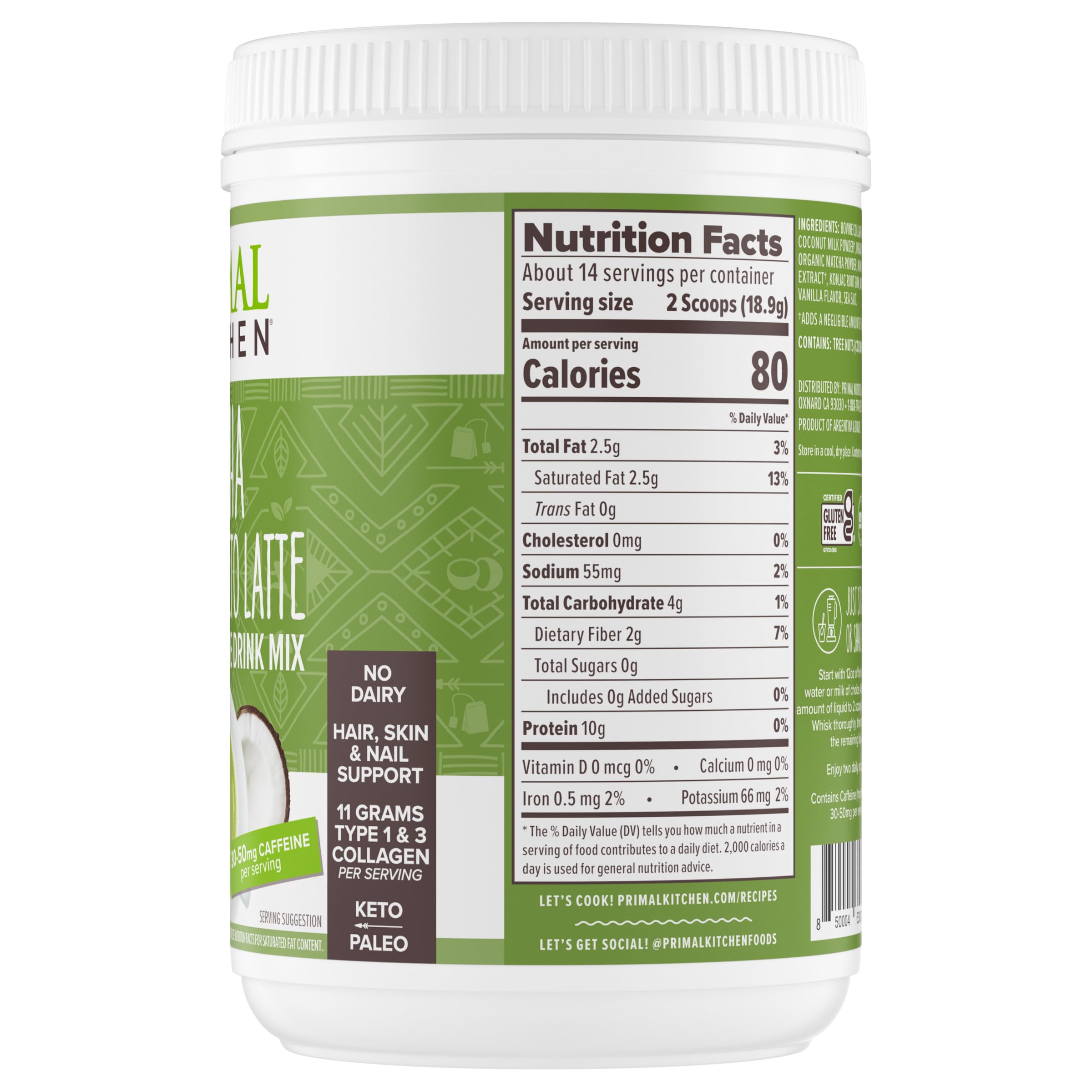 Primal Kitchen etiqueta nutricional enfocando colágeno y sin azúcar