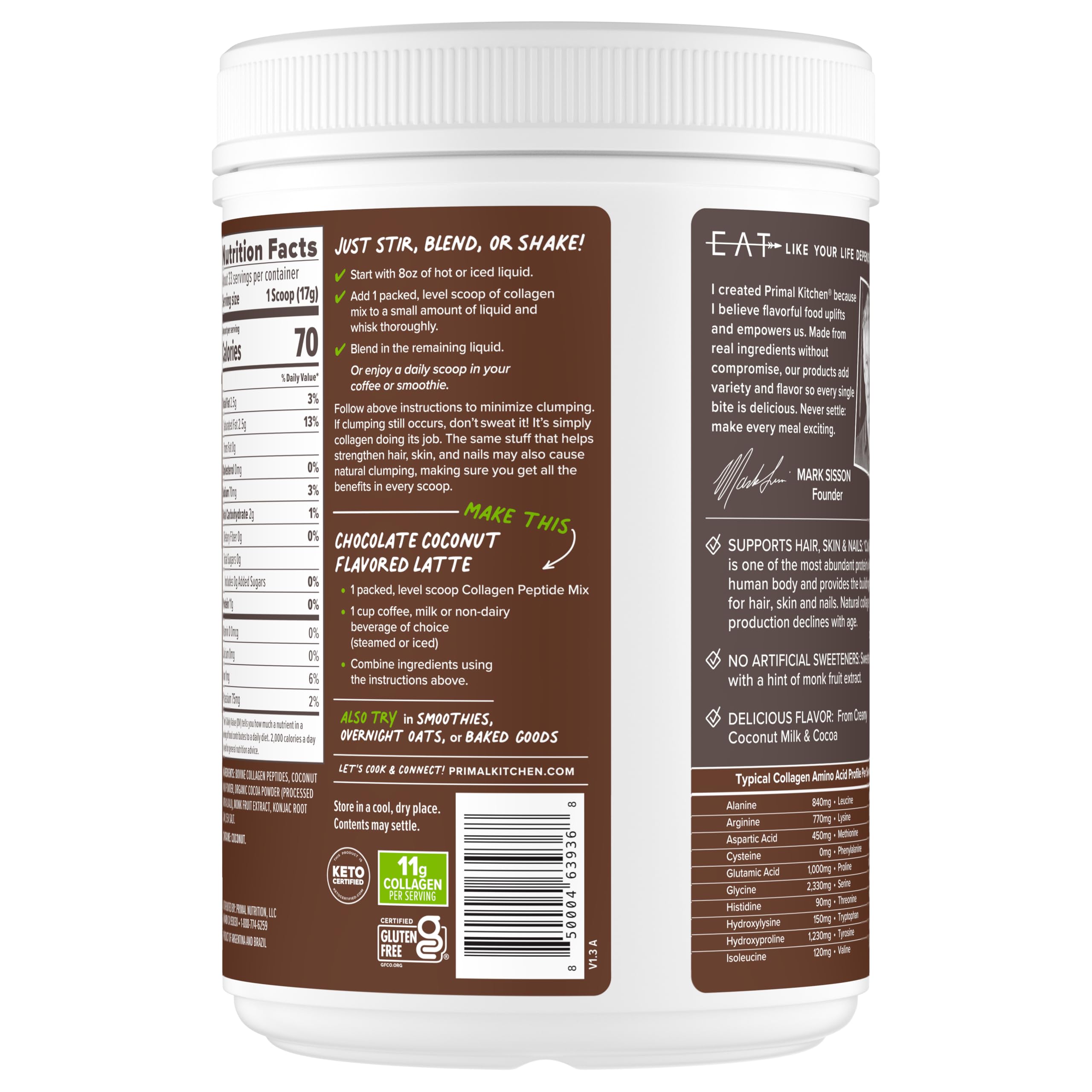 Primal Kitchen primer plano del polvo con cacao y coco para mezcla fácil