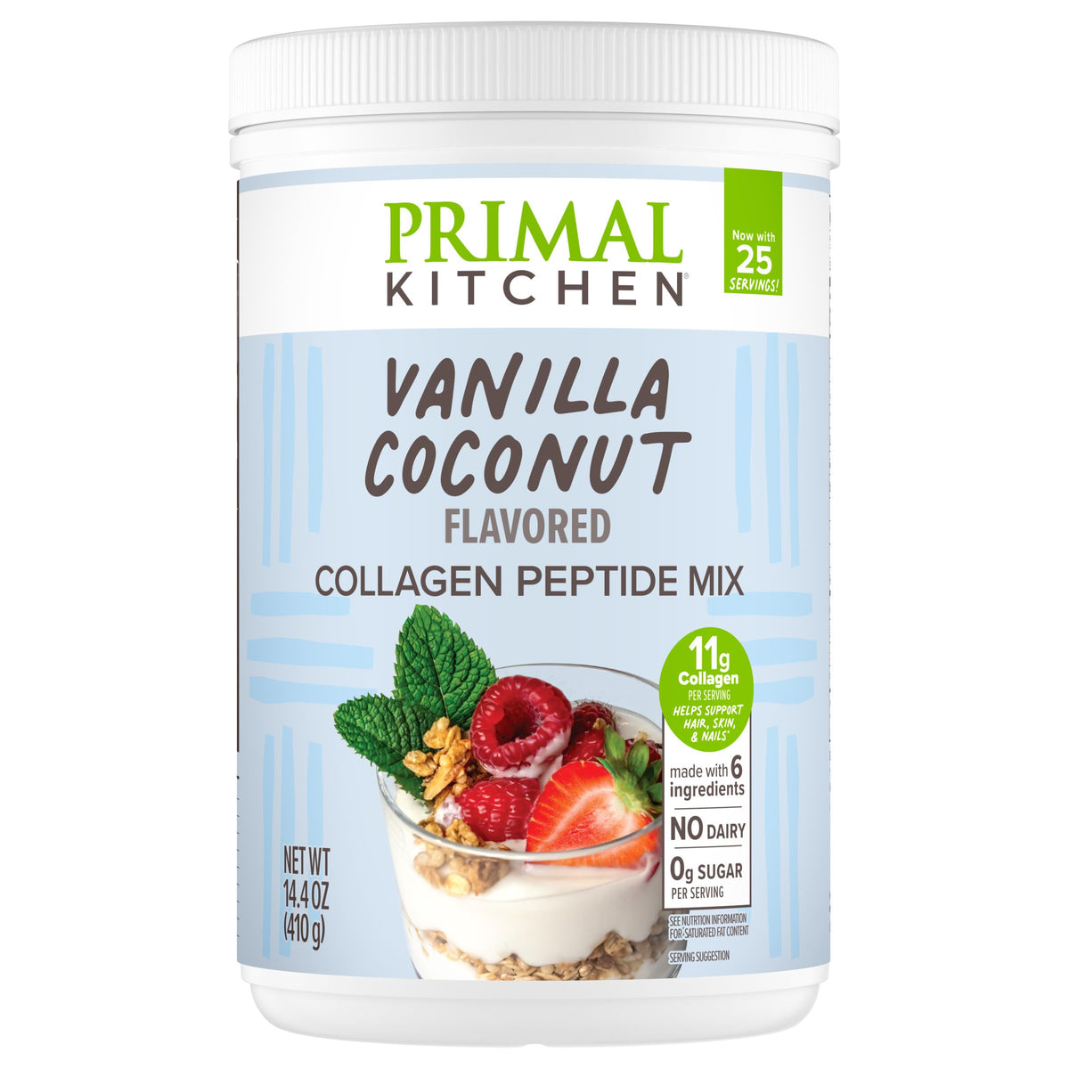Primal Kitchen envase frontal mostrando sabor vainilla coco y beneficios claros