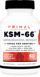 Botella Primal KSM-66 frontal mostrando etiqueta clara y beneficio de 600 mg