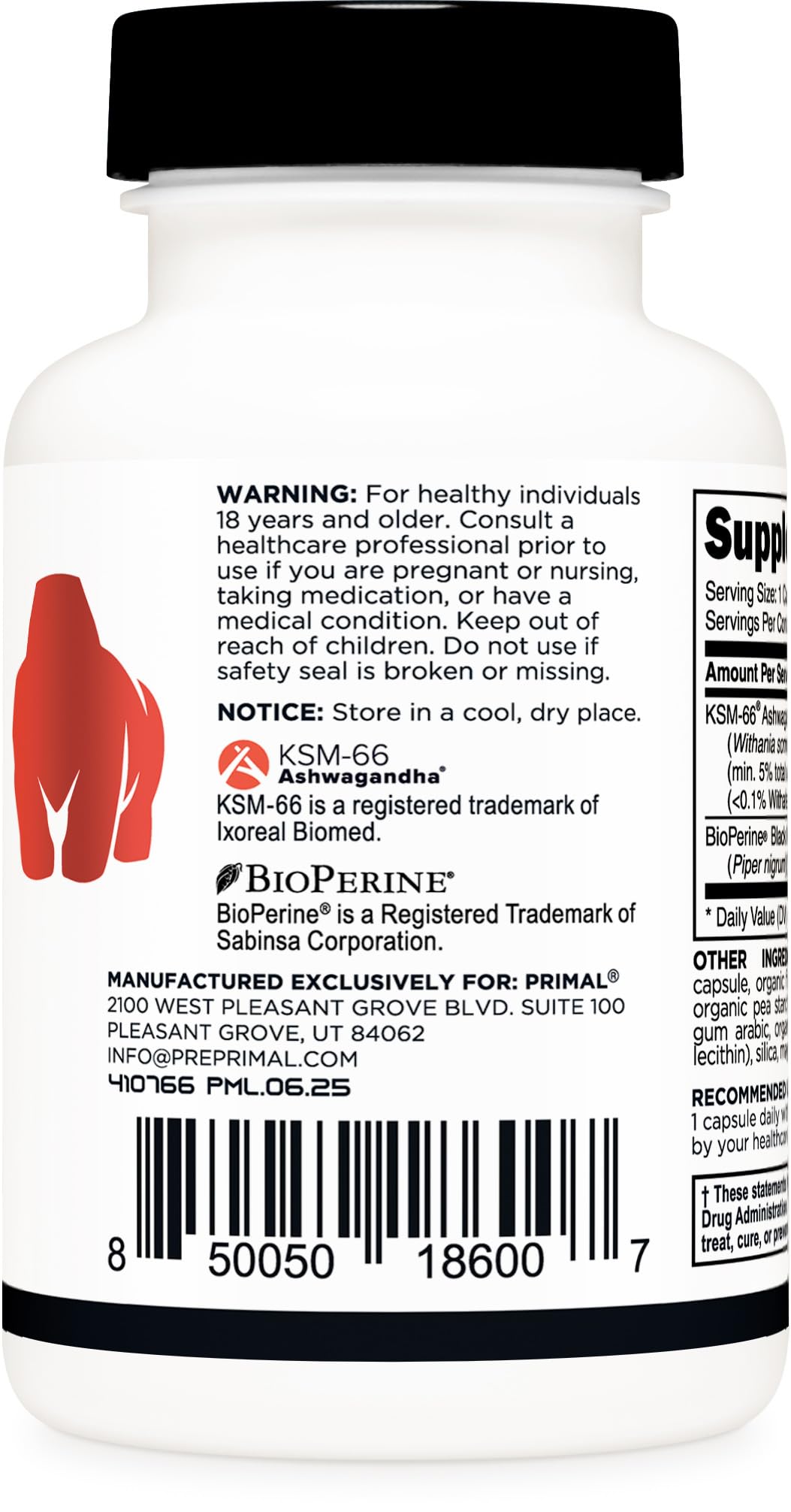 etiqueta Primal KSM-66 con ingredientes, BioPerine y certificación GMP visible