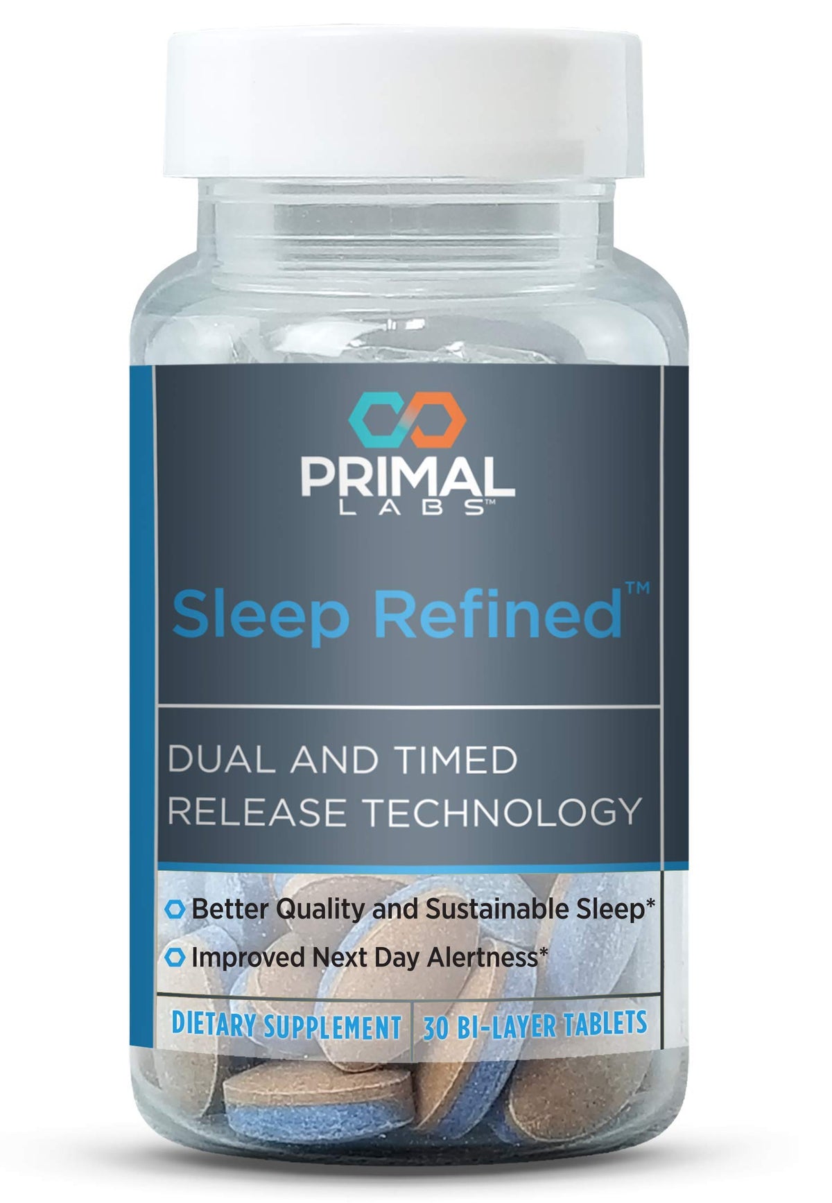 Primal Labs SleepRefined frente del envase, muestra claridad de etiqueta y beneficio de uso mensual