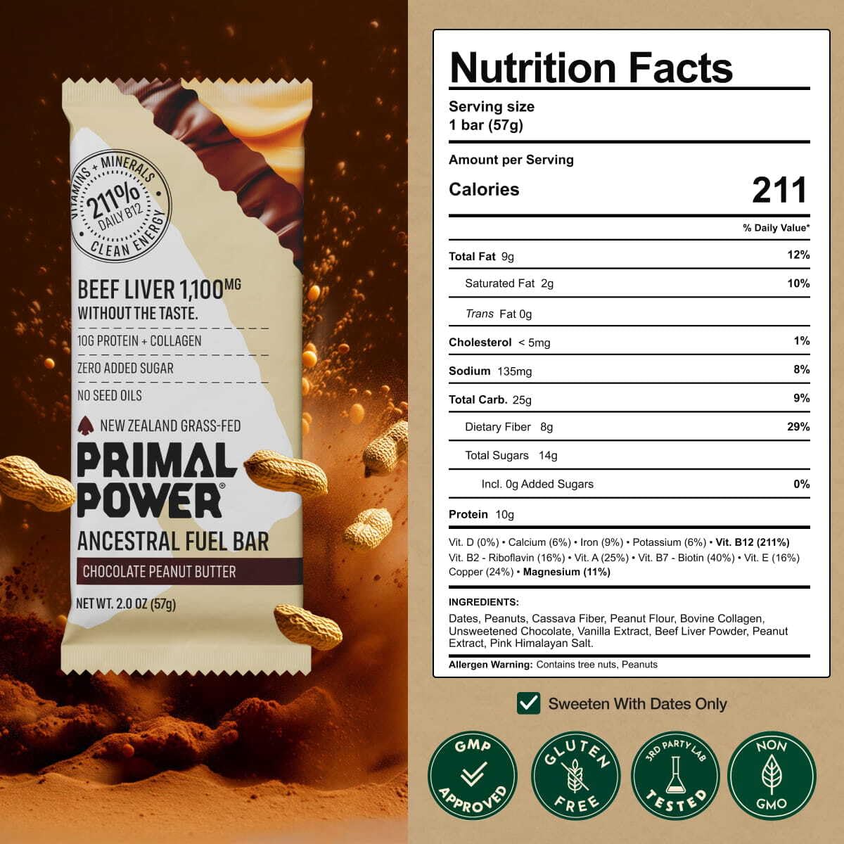 Primal Power ingredientes: cacao oscuro y dátiles orgánicos, sabor sin sabor a hígado