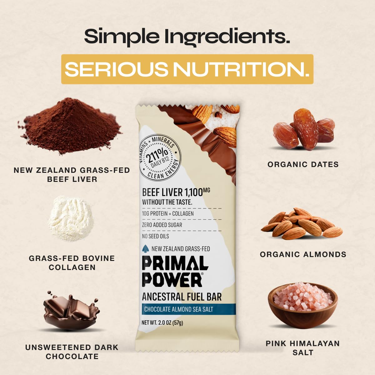 Primal Power primer plano de almendras y sal marina, añade contraste y sabor