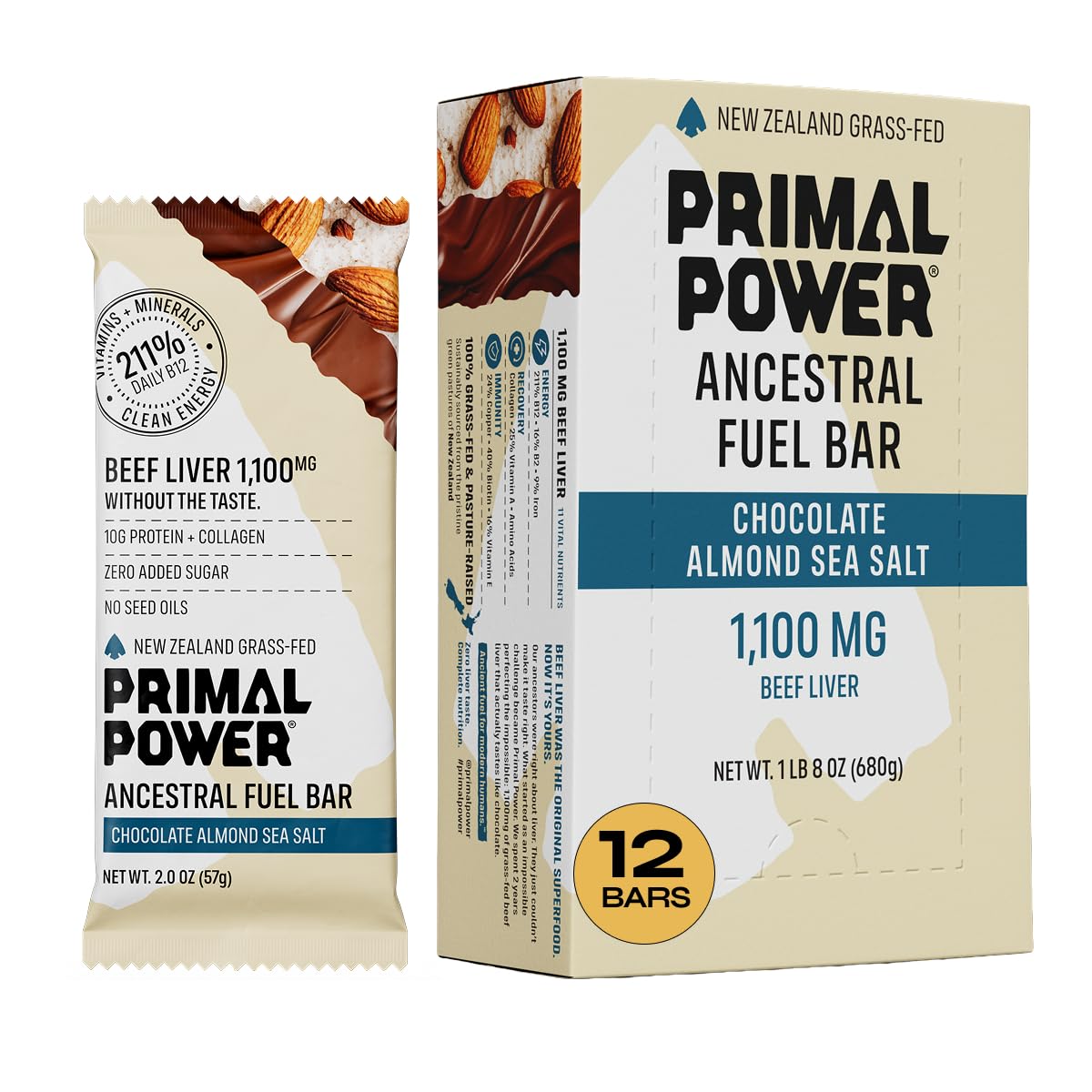 Primal Power frontal del paquete chocolate almendra sal, muestra sabor y conveniencia