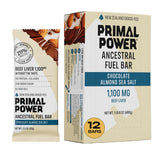 Primal Power frontal del paquete chocolate almendra sal, muestra sabor y conveniencia
