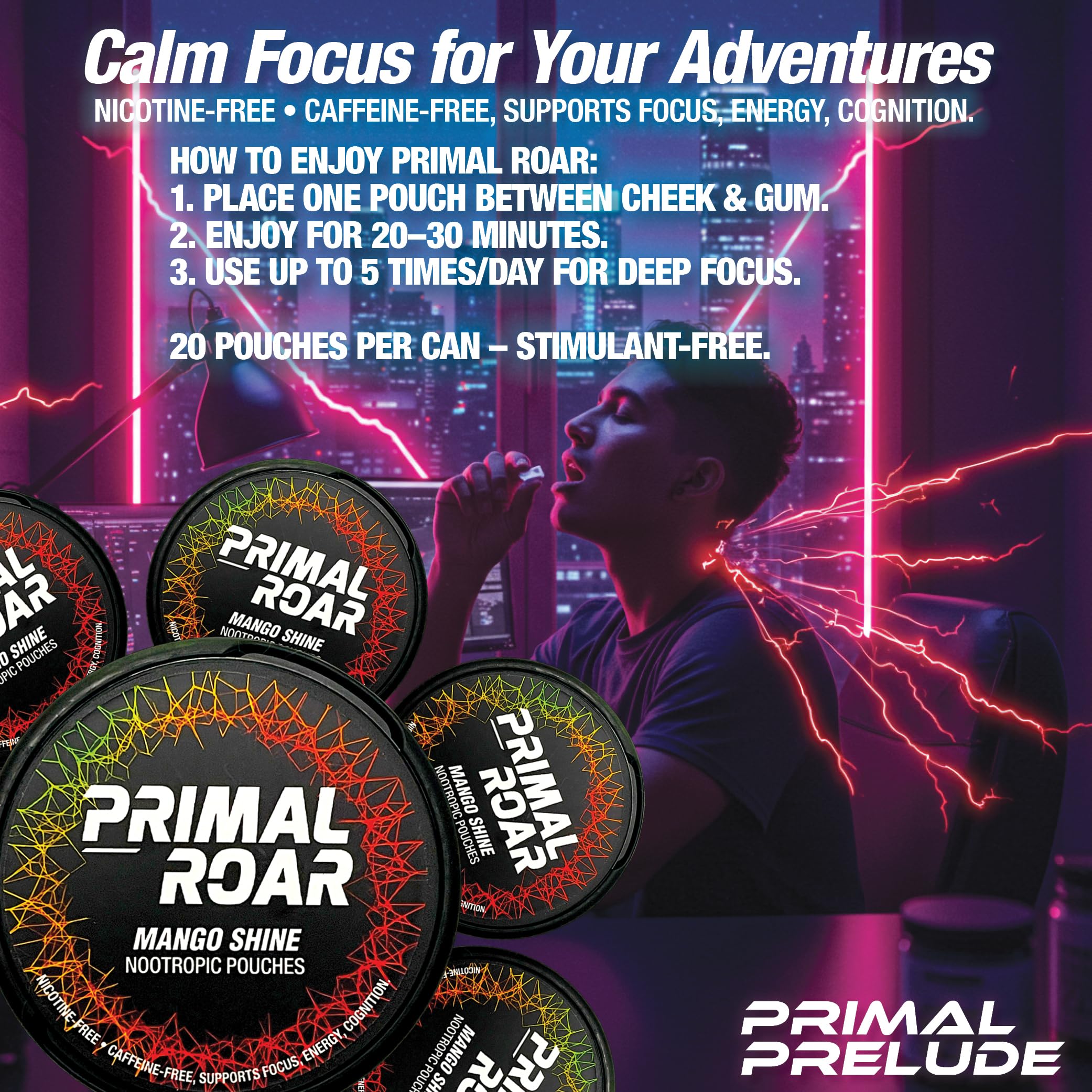 Primal Prelude latas en escritorio con laptop y cuaderno, apoyo para concentración
