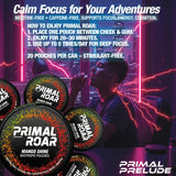 Primal Prelude latas en escritorio con laptop y cuaderno, apoyo para concentración