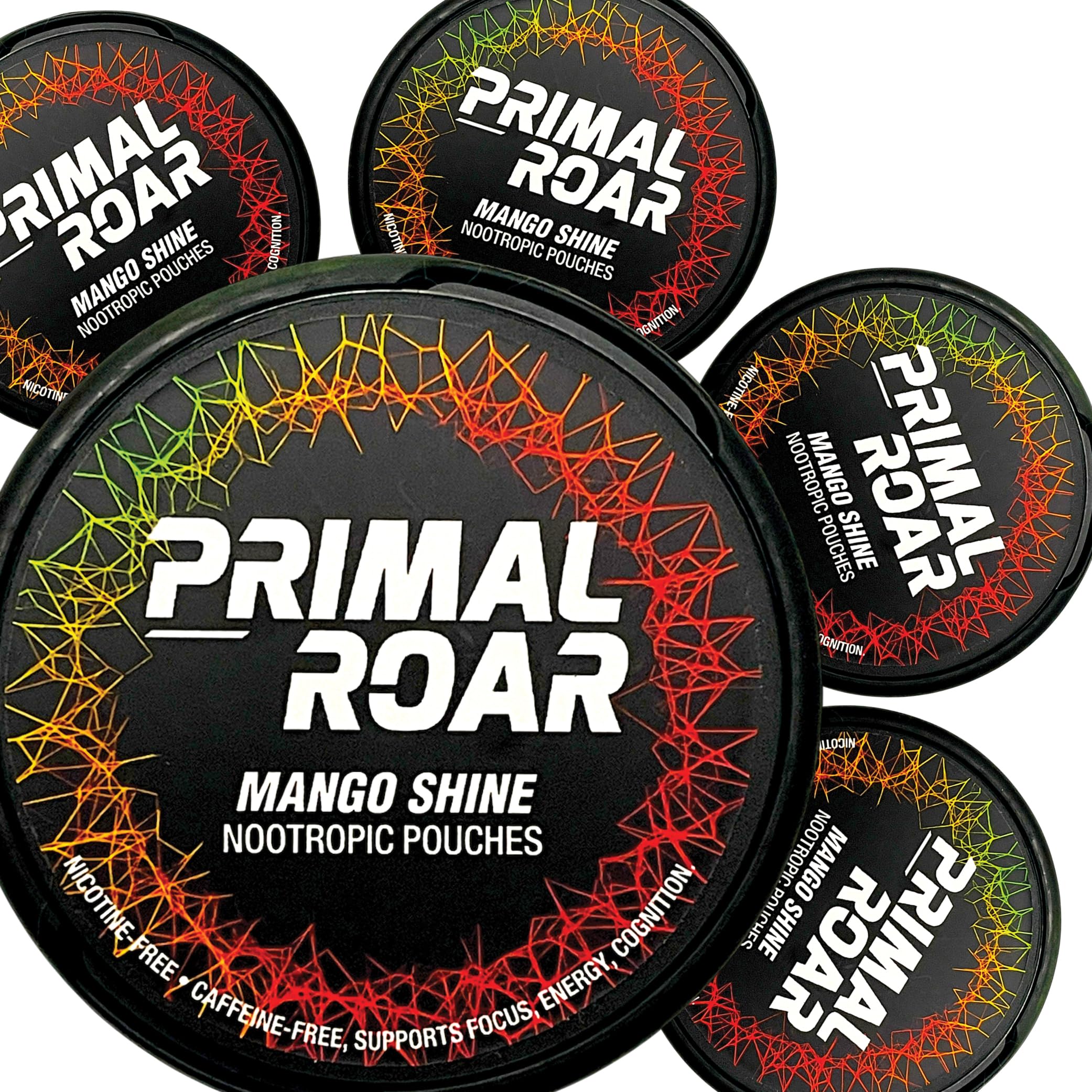Primal Prelude mostrando las cinco latas frontales de mango, ideal para llevar