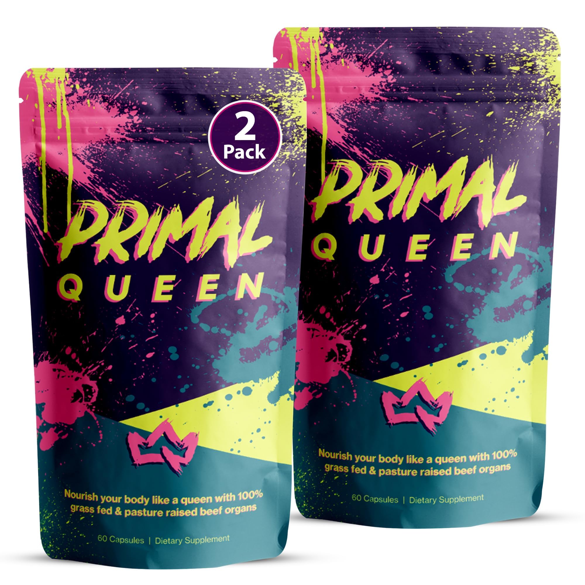 Primal Queen frente del empaque mostrando pack de dos y beneficios visibles