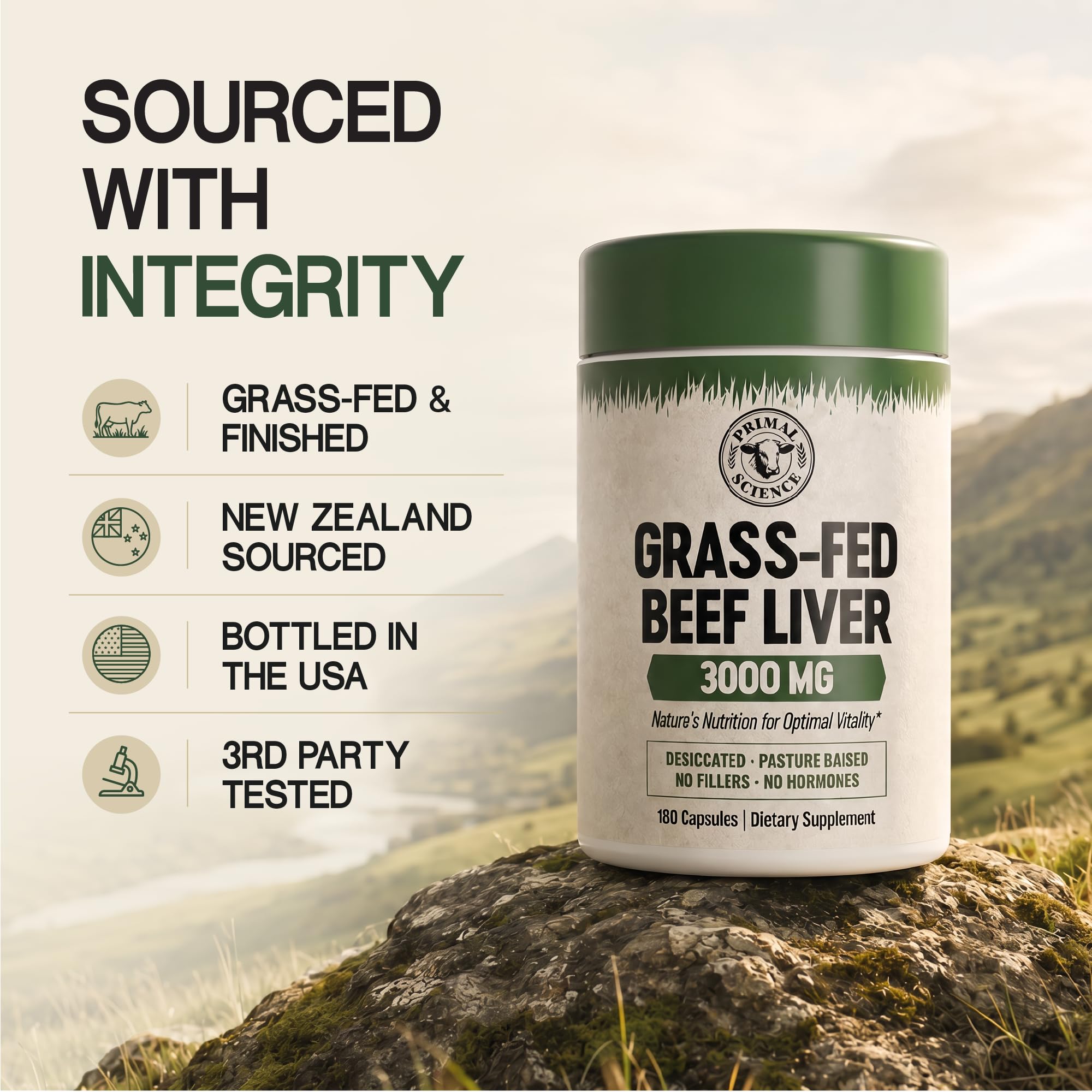 Primal Science hígado de res en pastura que indica origen grass-fed