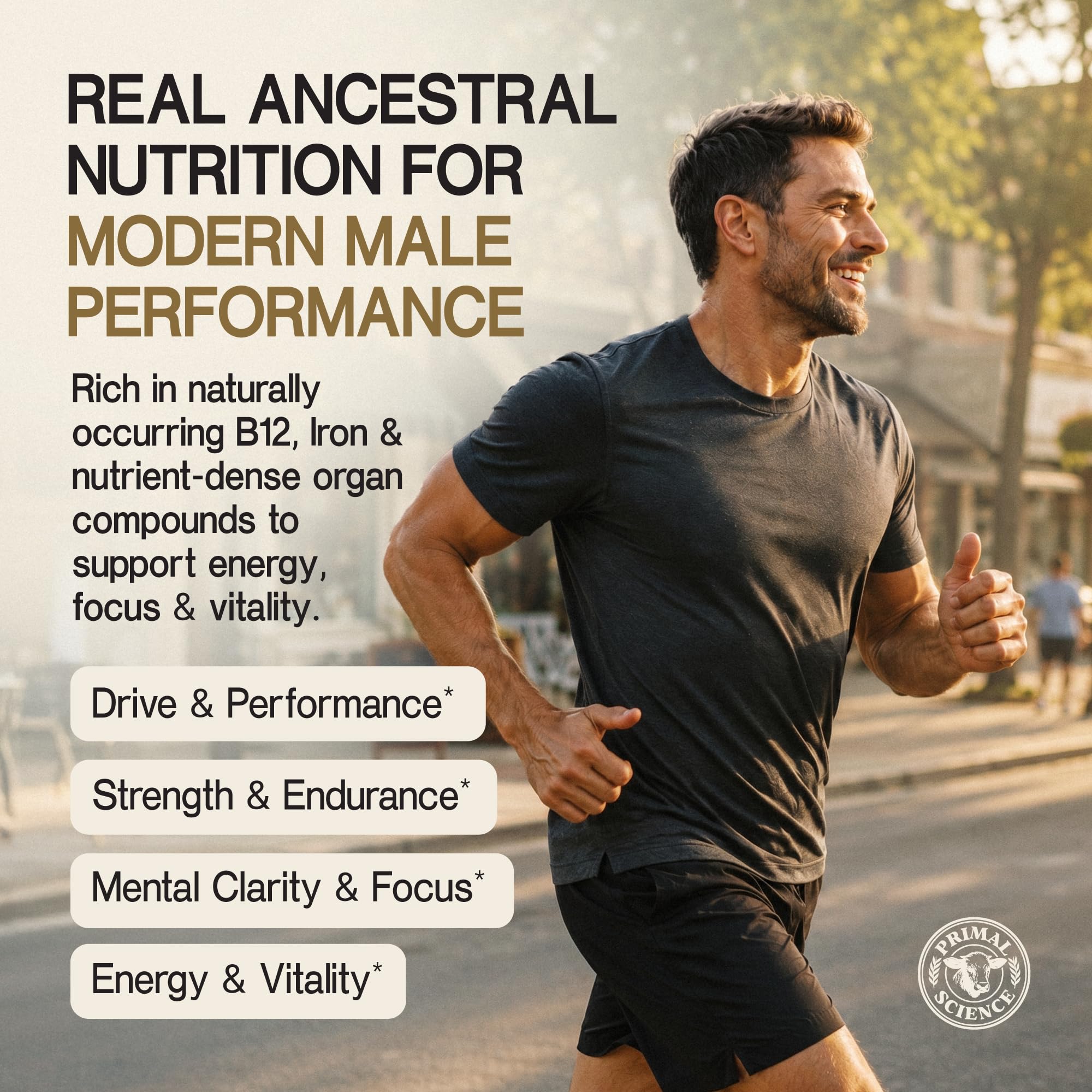 Primal Science mano sosteniendo cápsulas, fácil consumo y conveniencia