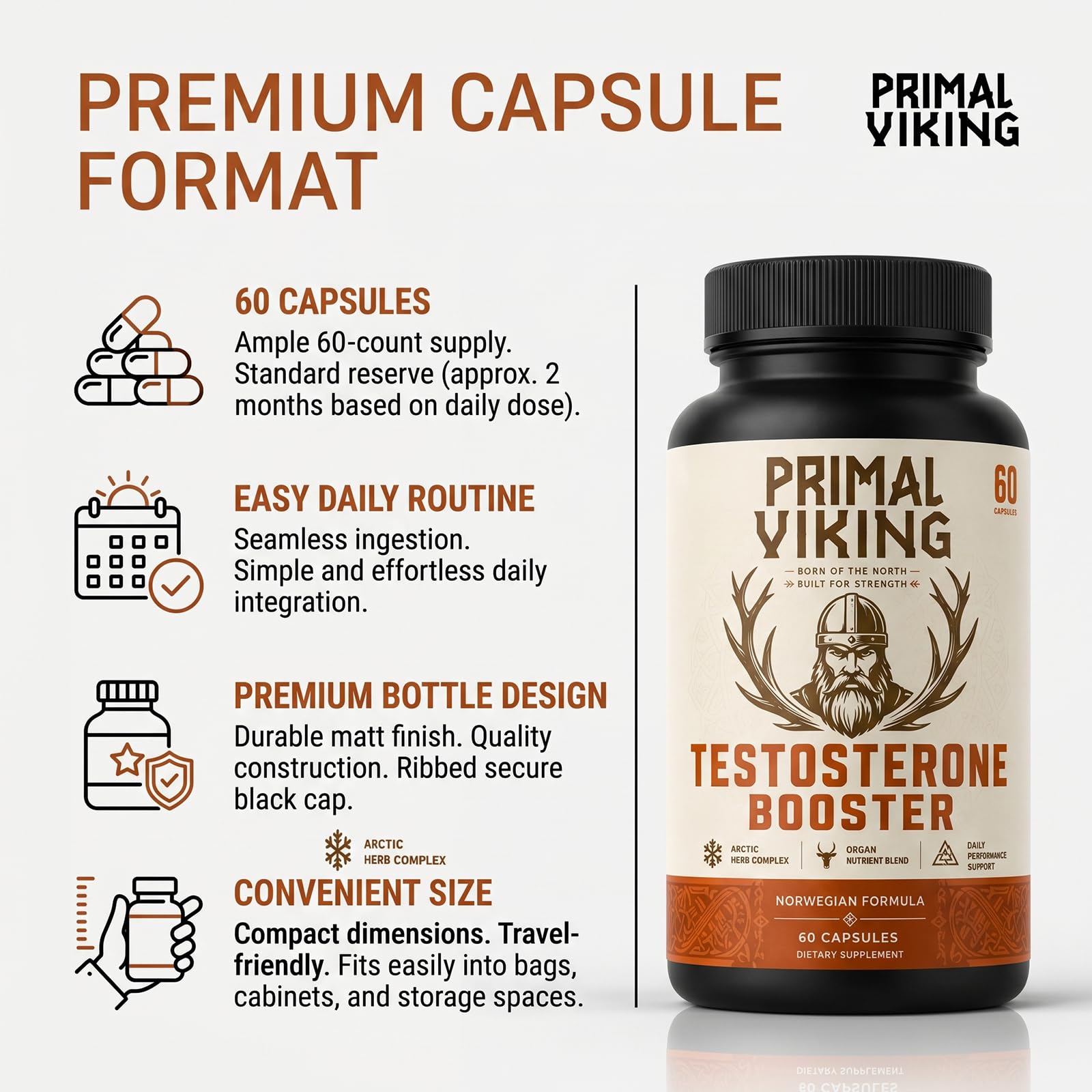 Primal Viking cápsulas en mano para comparar tamaño y facilidad de toma
