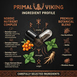 Primal Viking frasco sobre mesa junto a zapatillas, evocando vida activa