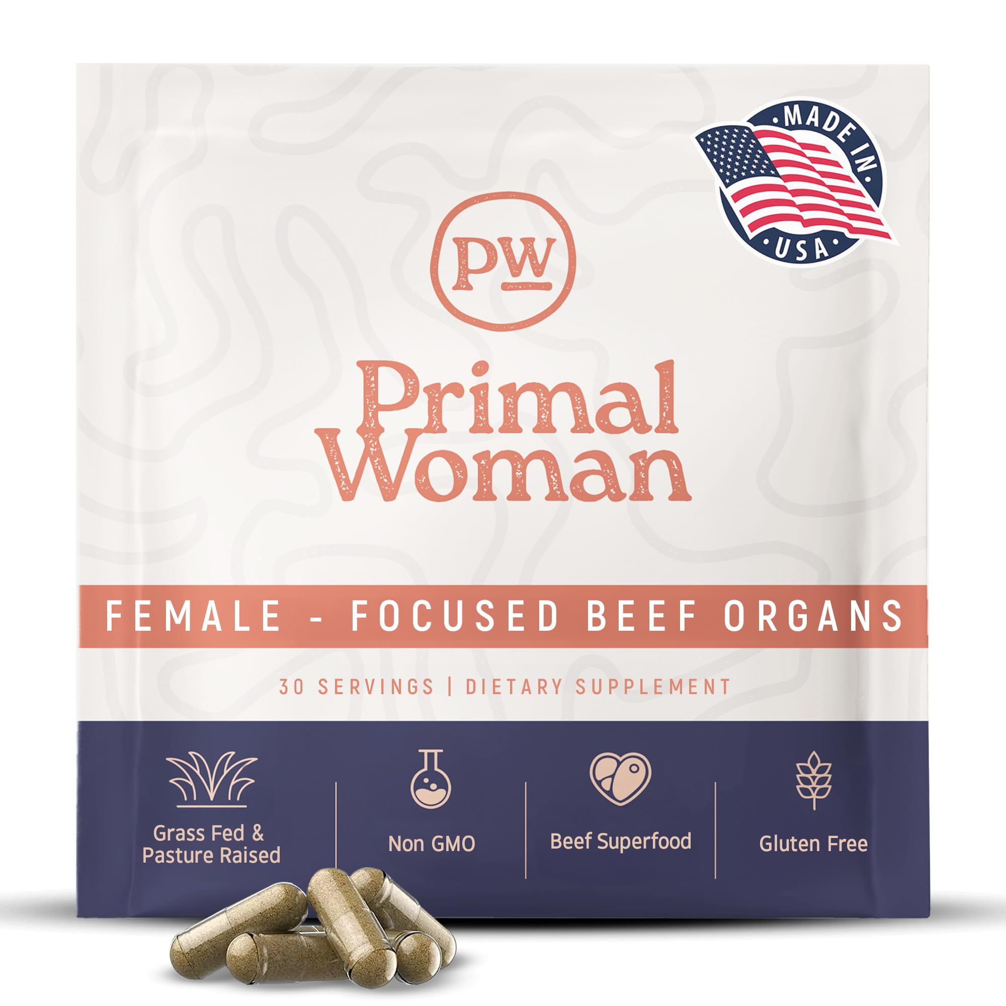 Primal Woman frasco frontal mostrando cápsulas y etiqueta clara