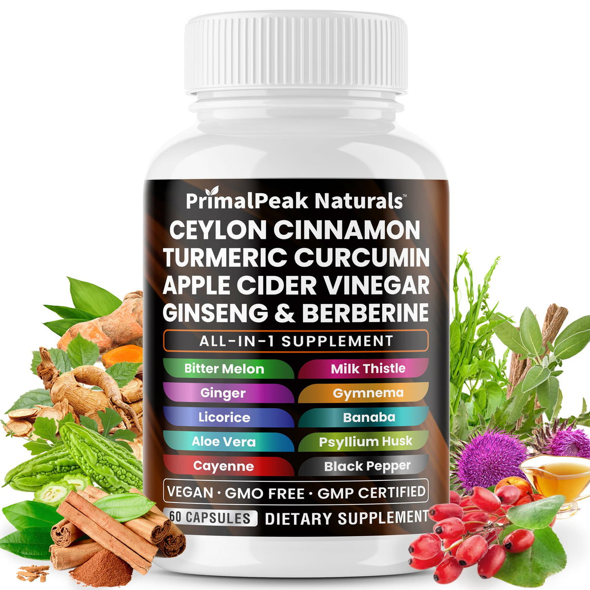 PrimalPeak Naturals frasco frontal con etiqueta visible, muestra conveniencia diaria