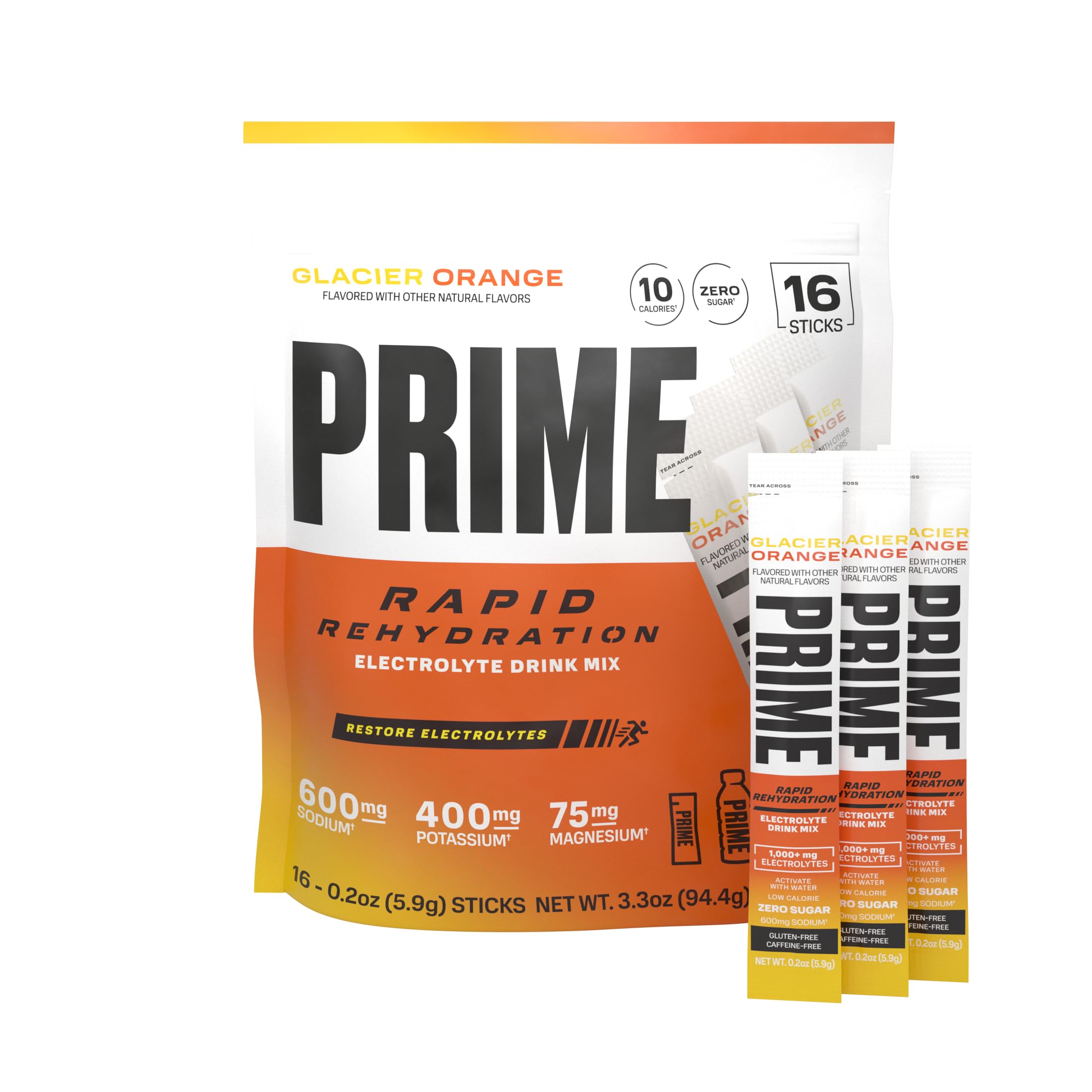 PRIME HYDRATION frontal del paquete Glacier Orange mostrando sobres listos para llevar