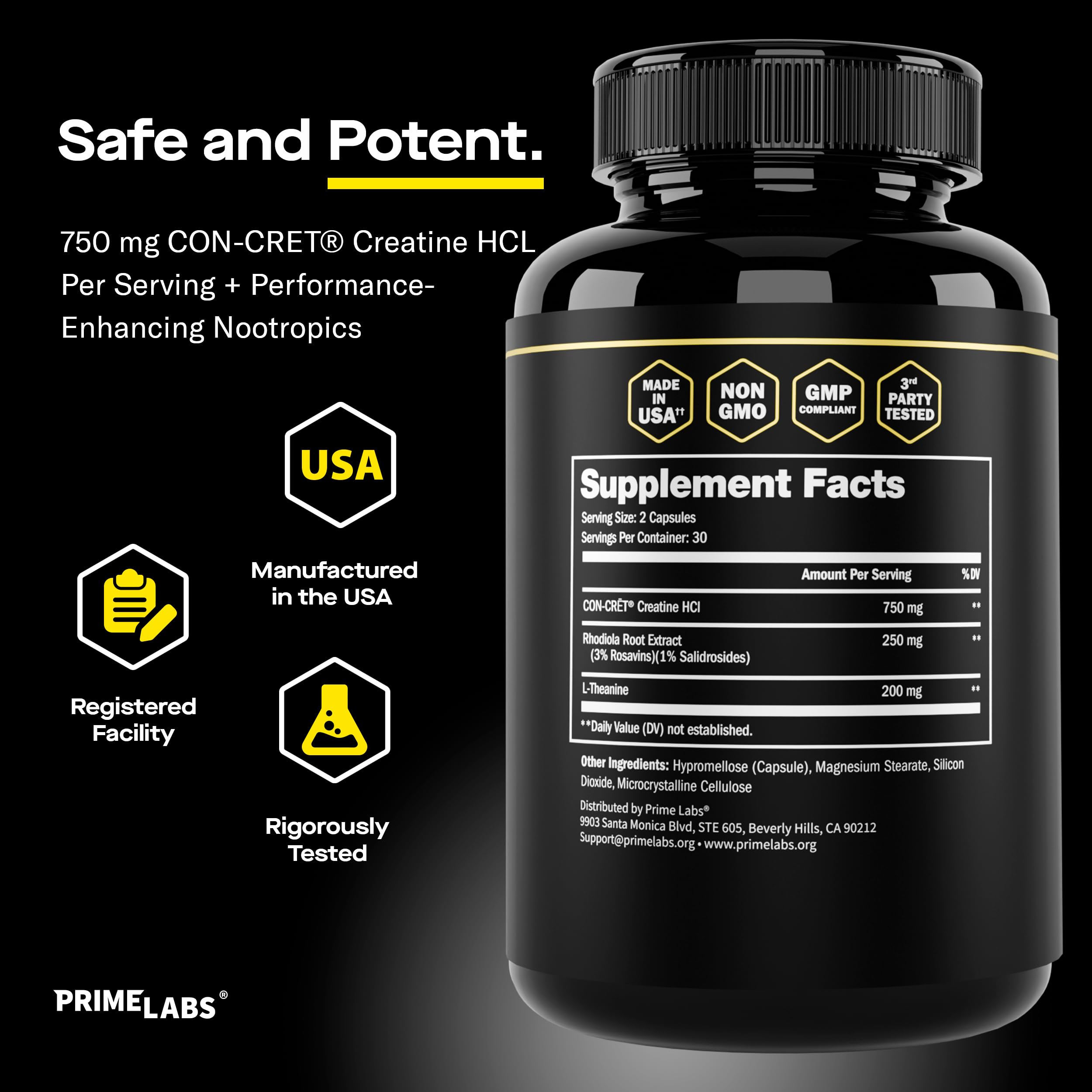 Prime Labs ingredientes rhodiola y L-theanine enfatizando resistencia y enfoque