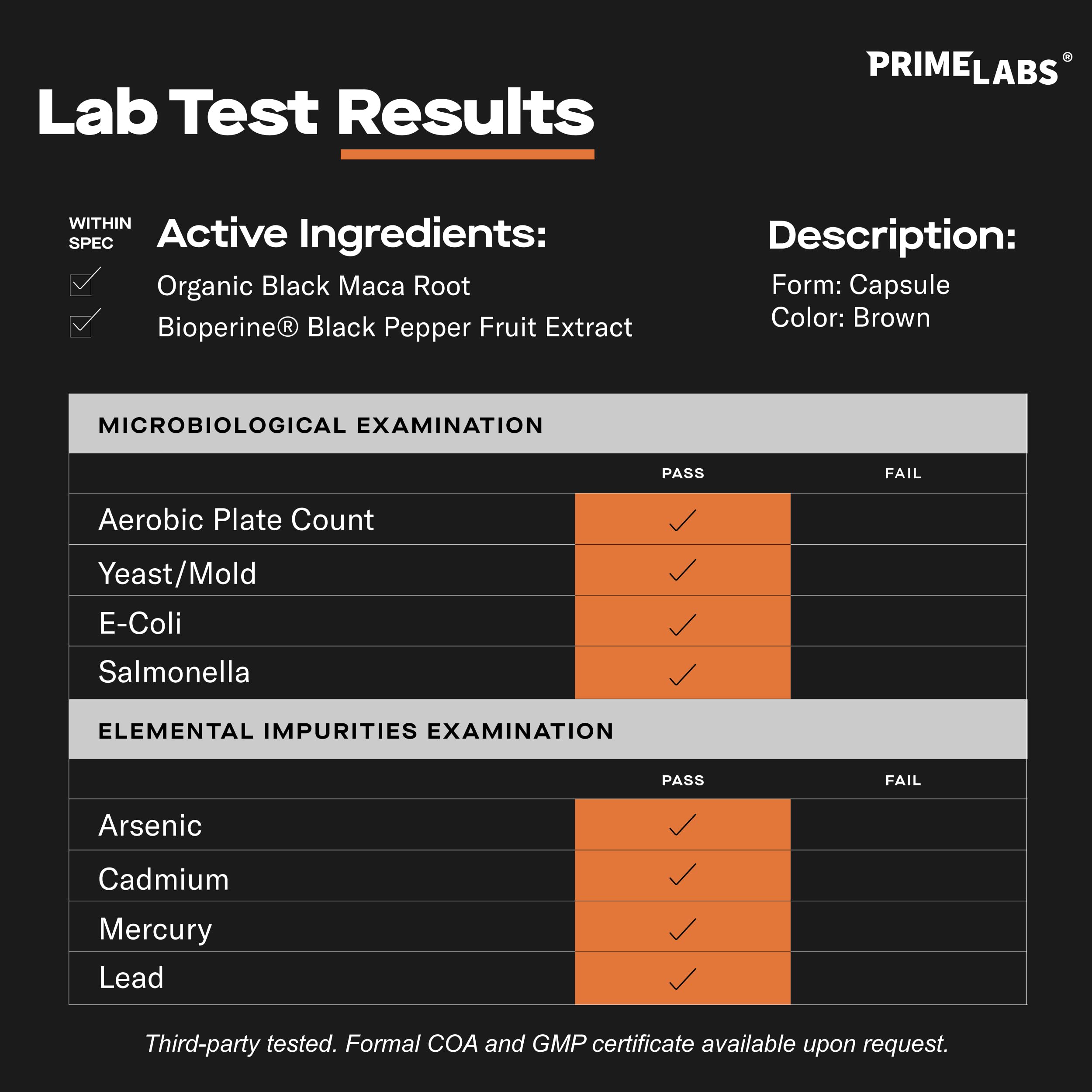 Prime Labs polvo de maca negra en textura fina que destaca pureza orgánica