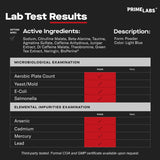 Prime Labs tamaño y porción junto a una cuchara medidora para referencia