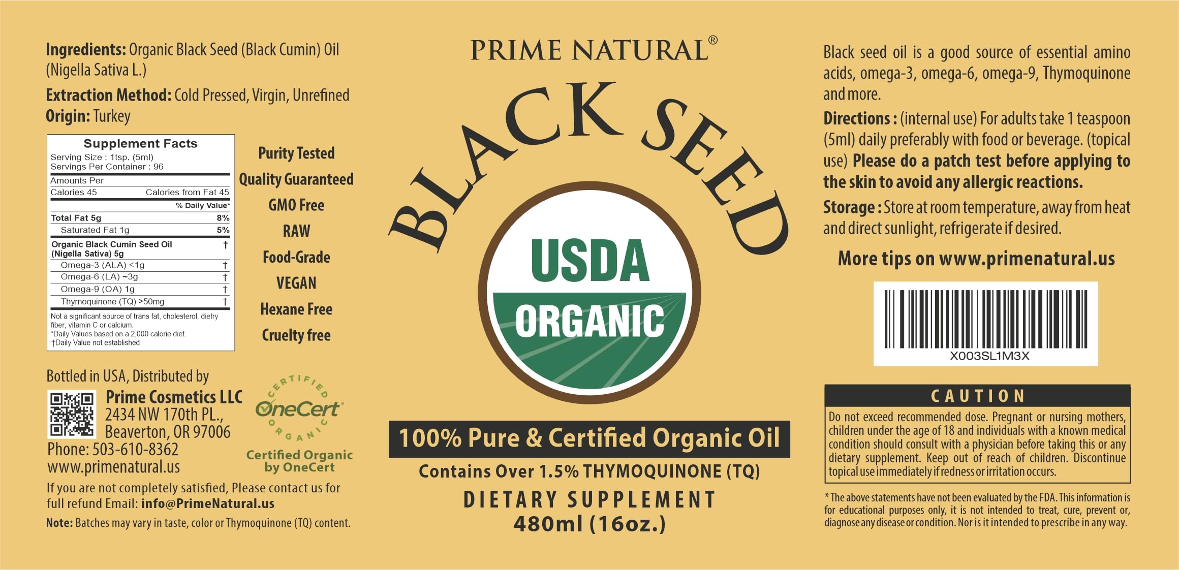 PRIME NATURAL etiqueta con sello USDA y origen Turquía que garantiza certificación