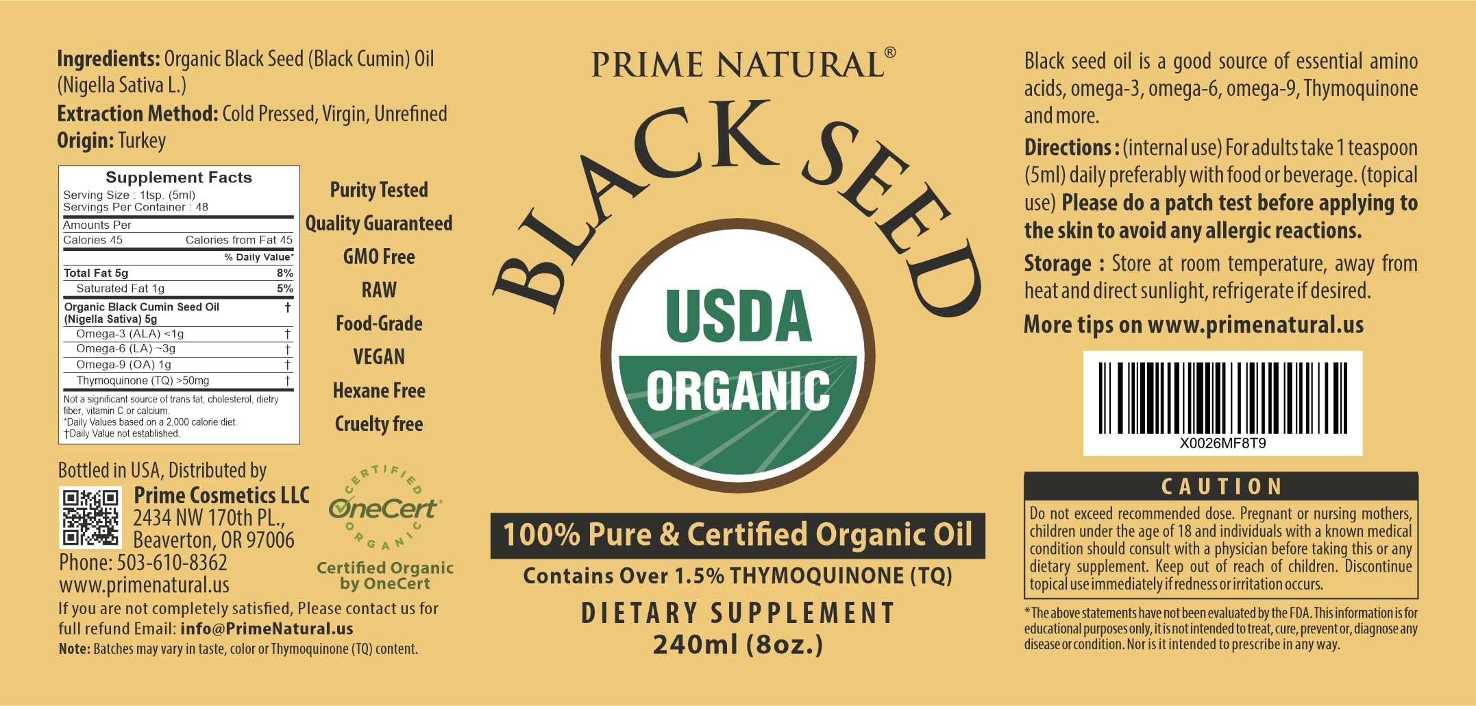 PRIME NATURAL etiqueta con sello USDA y certificaciones visibles para confianza