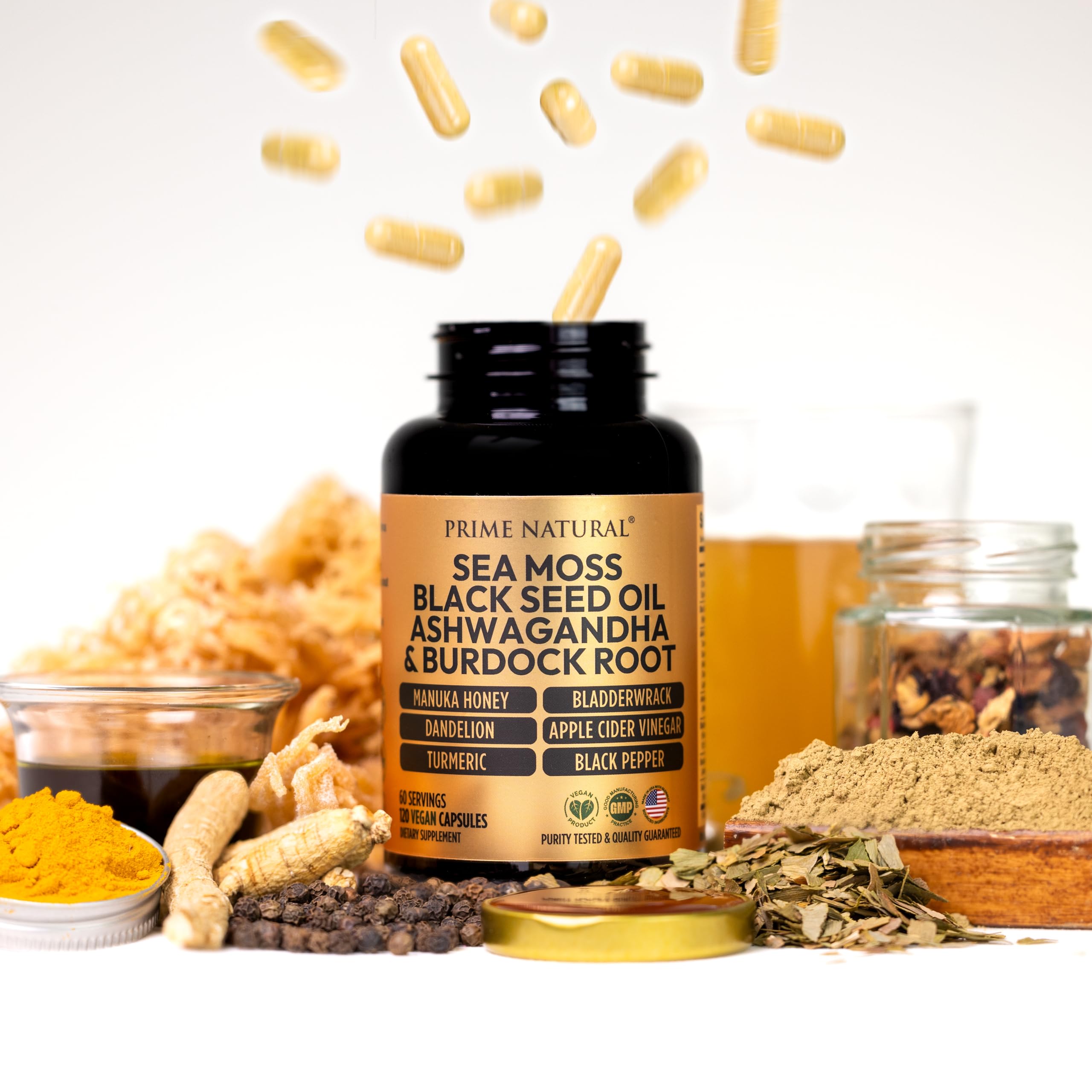 PRIME NATURAL ingredientes clave: sea moss y aceite de semilla negra, soporte mineral