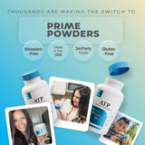 Prime Powders cápsulas junto a mano para comparar tamaño y dosificación