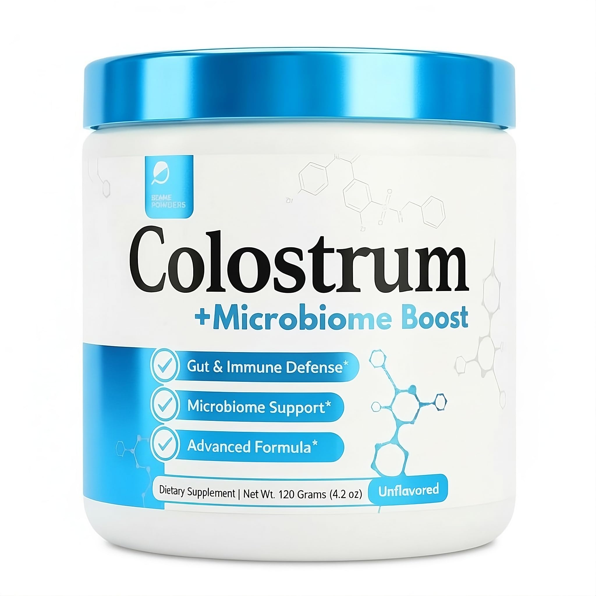 Prime Powders frasco frontal del colostro que muestra la marca y beneficios