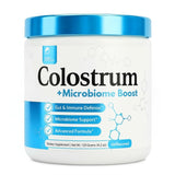Prime Powders frasco frontal del colostro que muestra la marca y beneficios