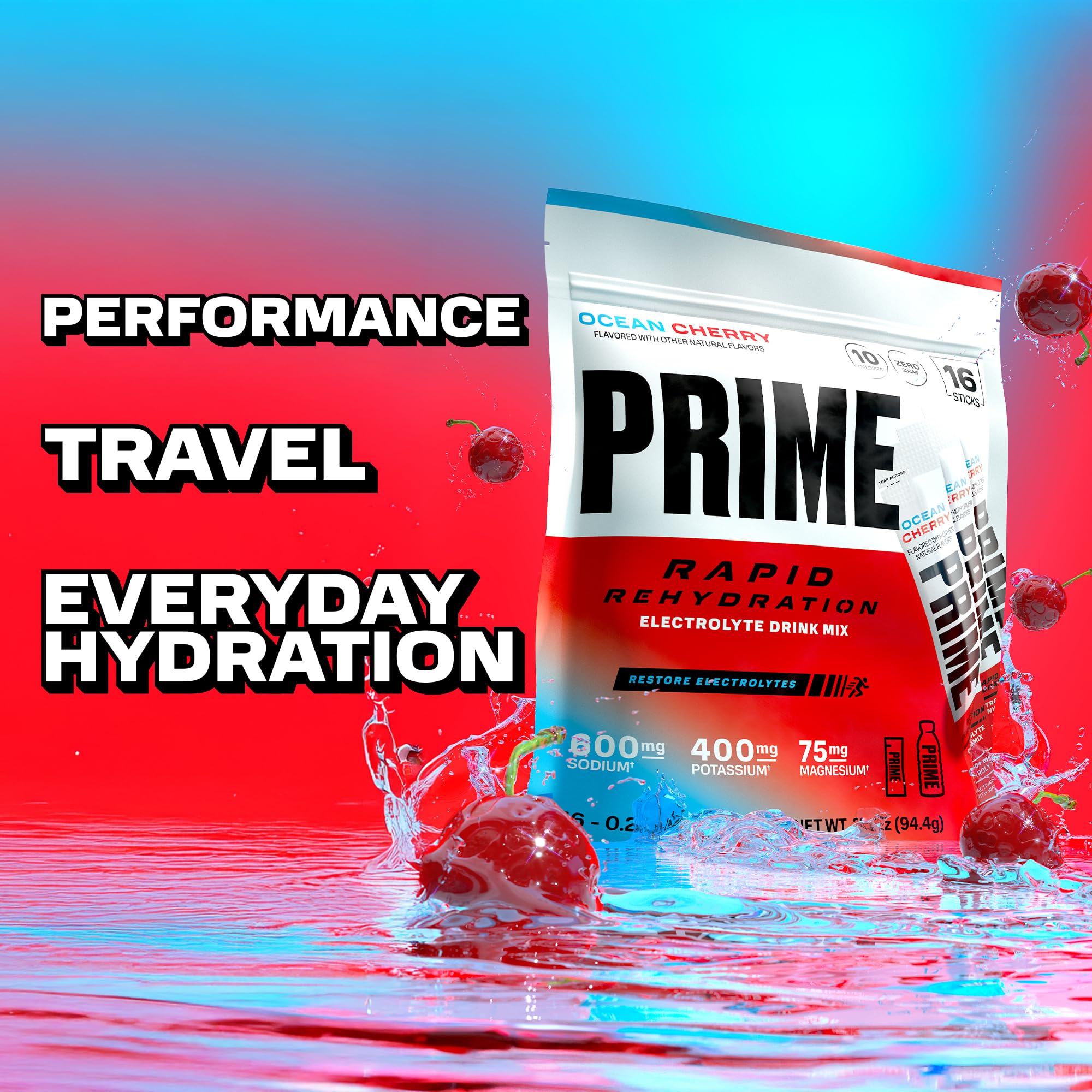 PRIME HYDRATION polvo disolviéndose en agua, hidratación instantánea