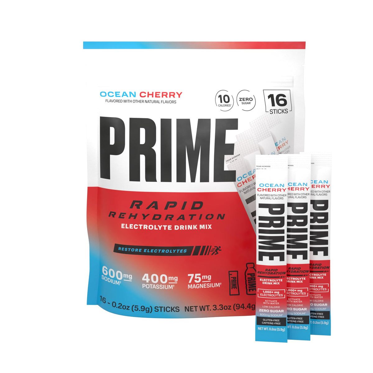 PRIME HYDRATION frente del paquete Ocean Cherry, fácil transporte y uso